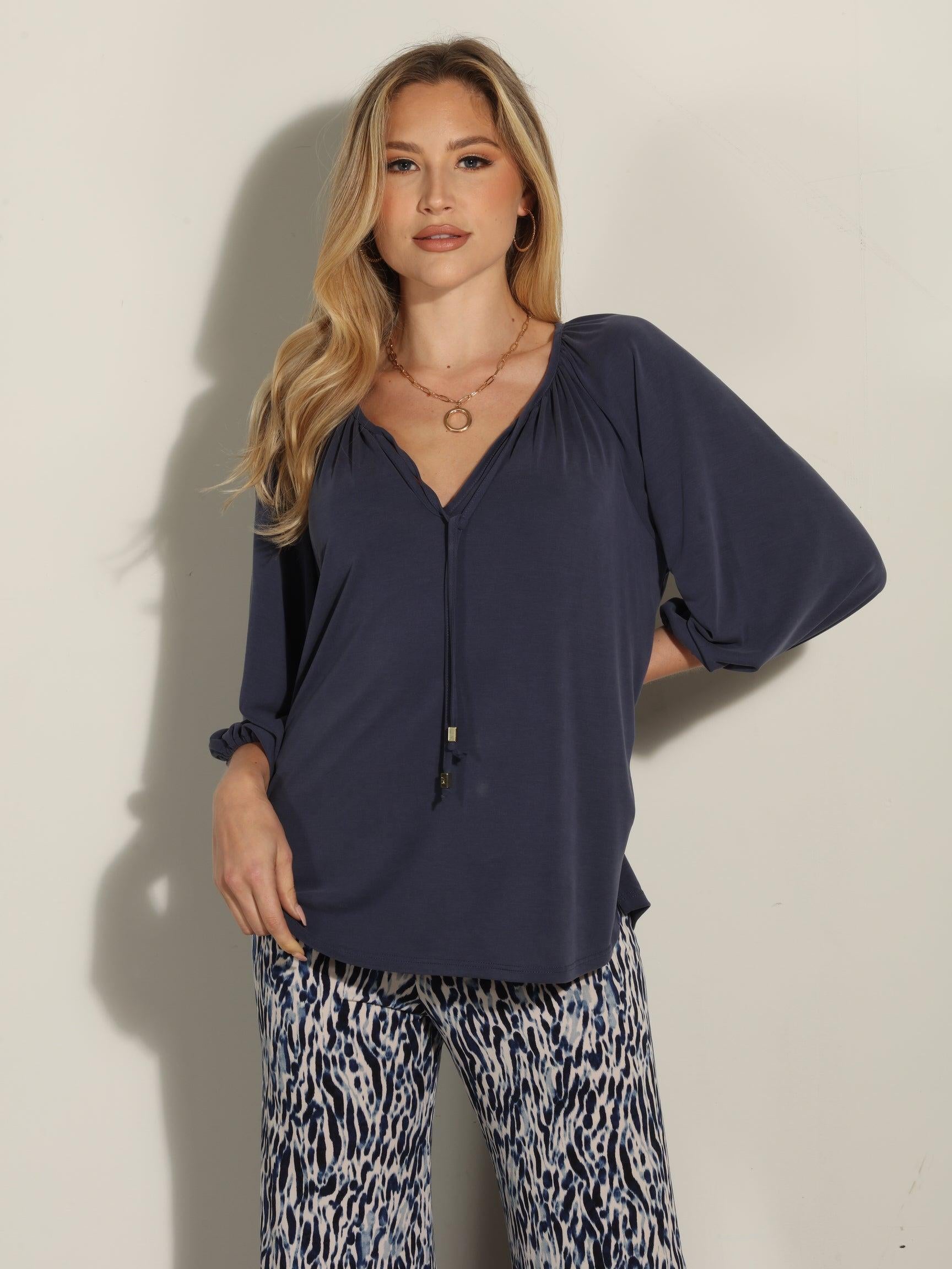Navy Cupro Stretch Split Neck Top