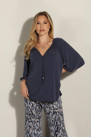 Navy Cupro Stretch Split Neck Top