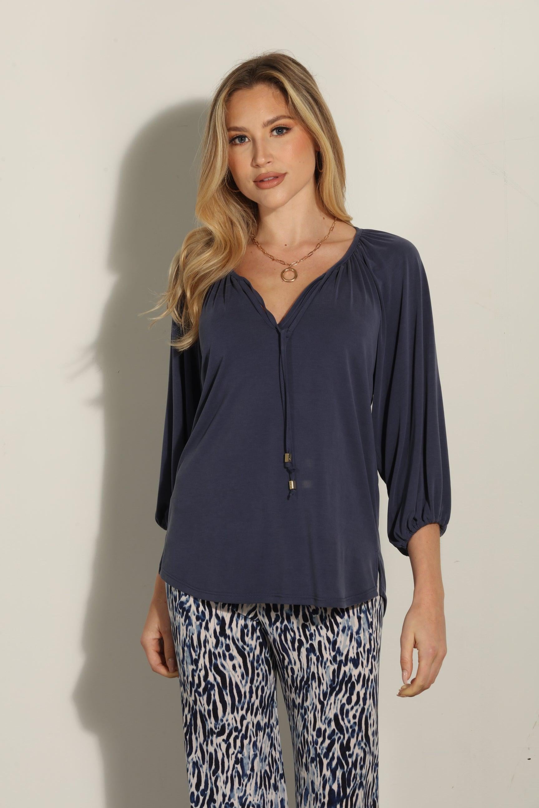 Navy Cupro Stretch Split Neck Top