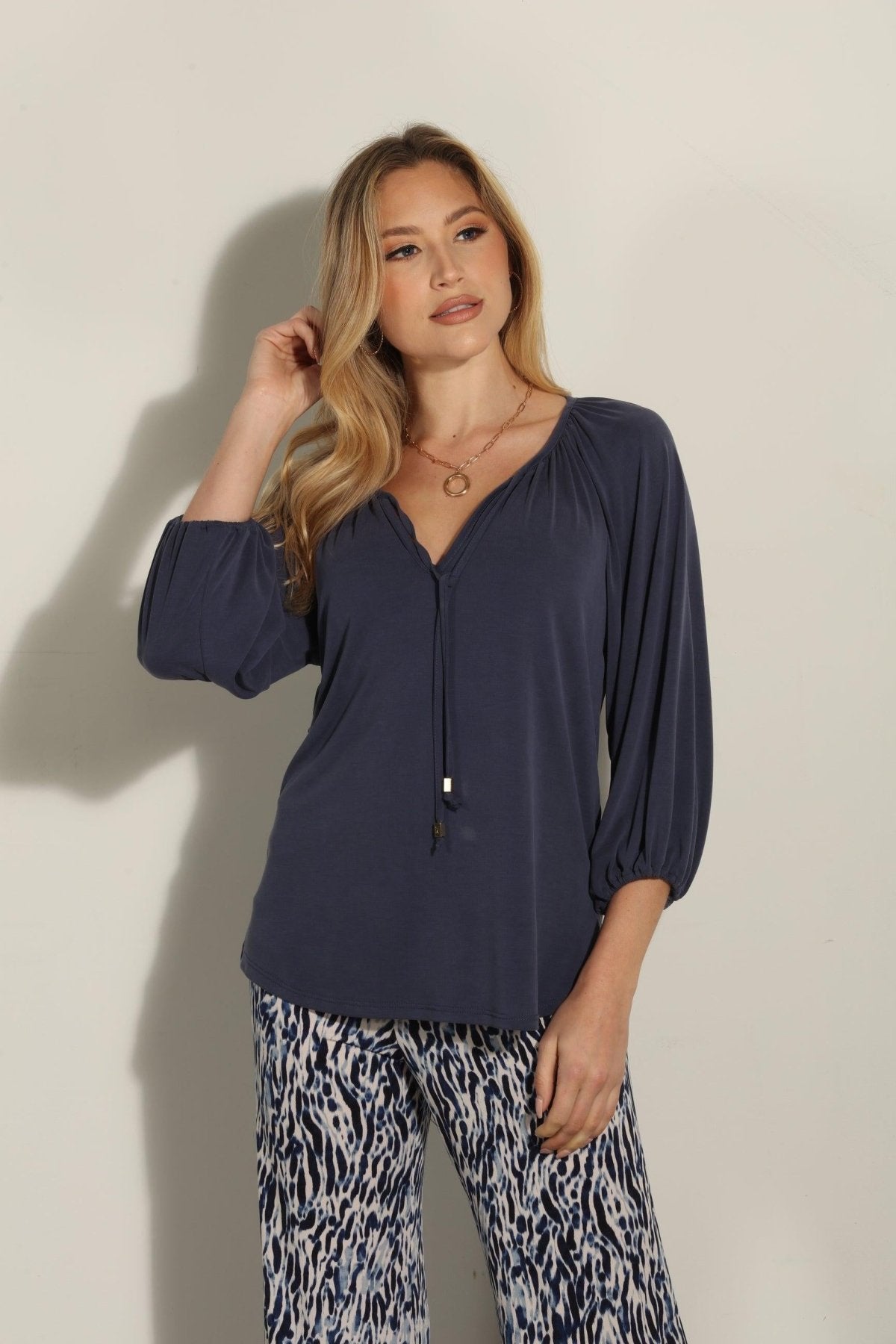 Navy Cupro Stretch Split Neck Top