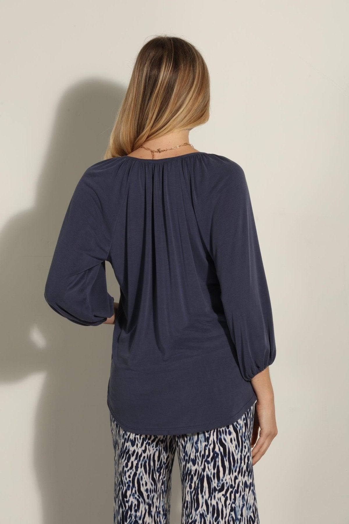 Navy Cupro Stretch Split Neck Top