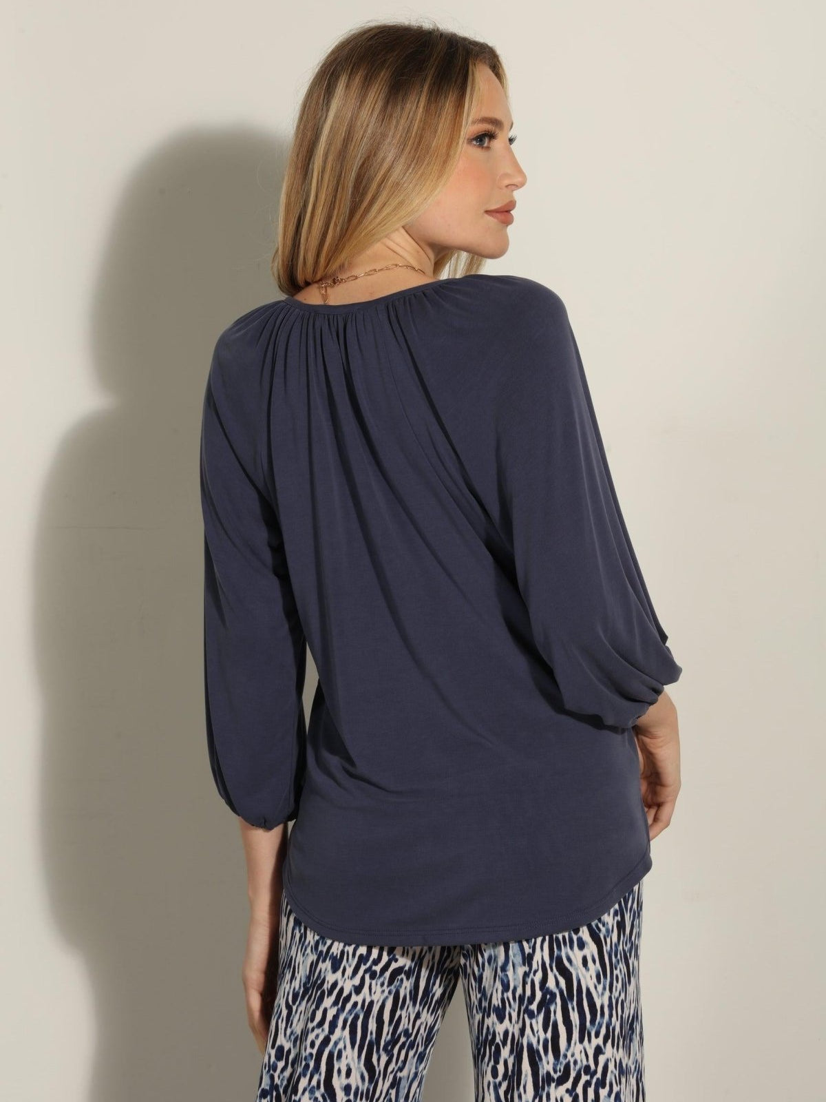 Navy Cupro Stretch Split Neck Top