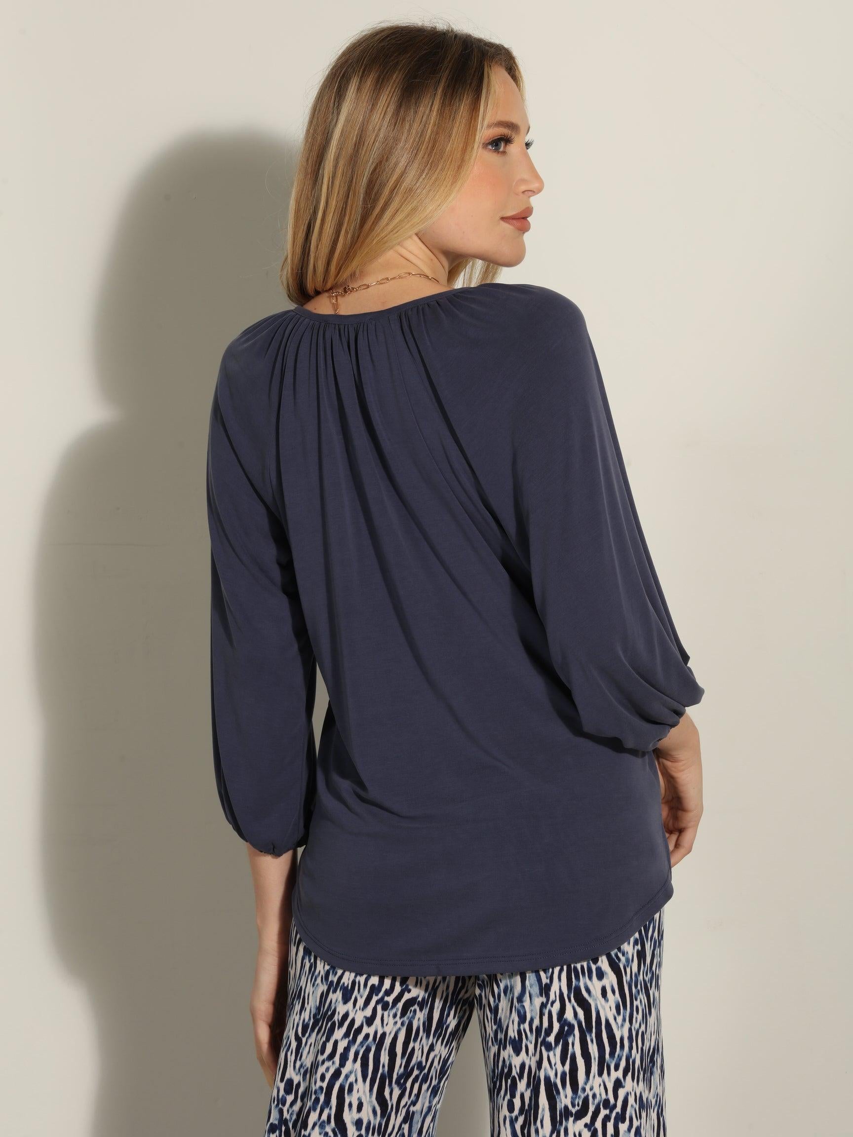 Navy Cupro Stretch Split Neck Top