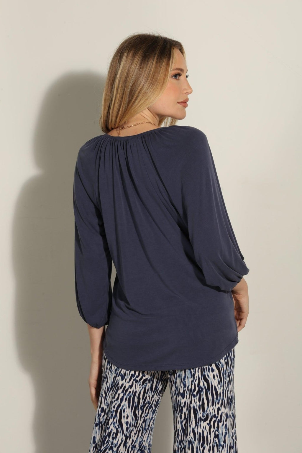 Navy Cupro Stretch Split Neck Top