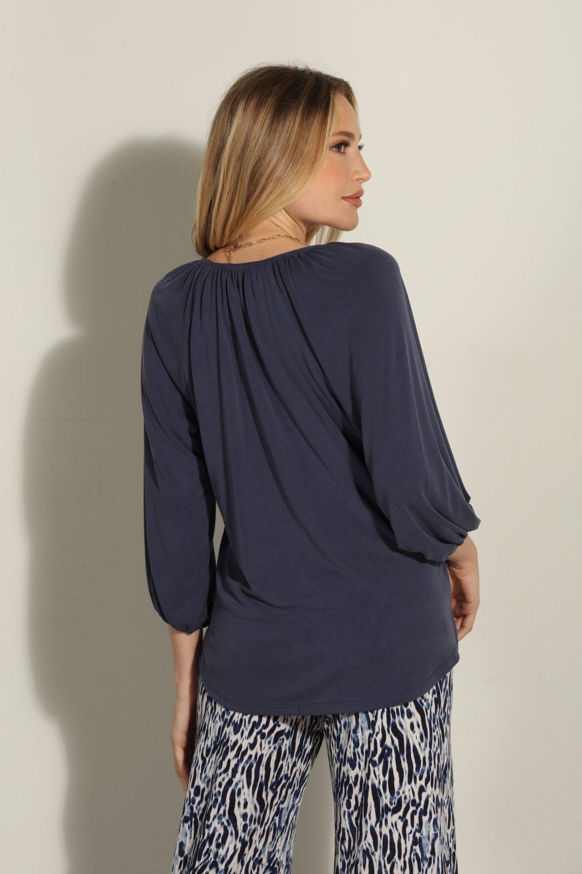 Navy Cupro Stretch Split Neck Top