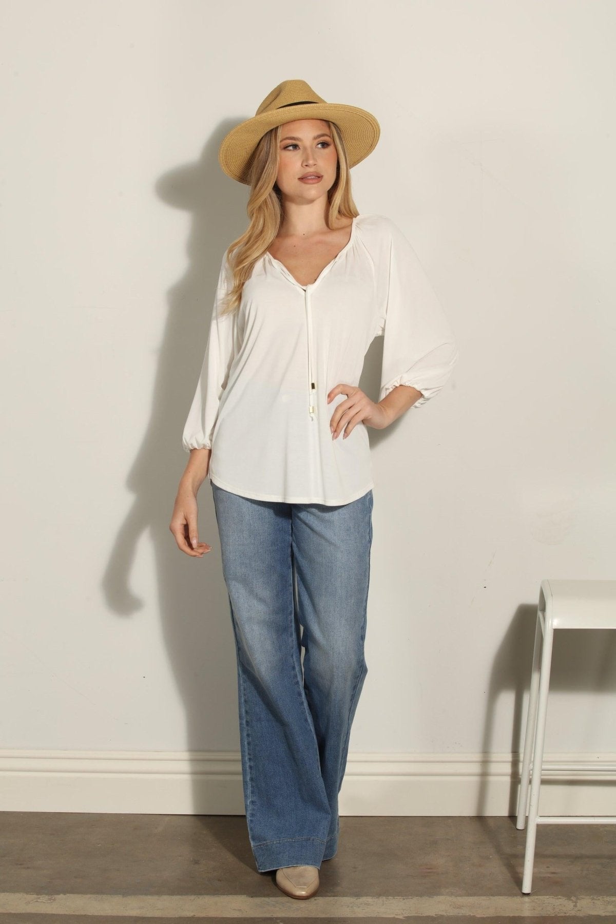 Ivory Cupro Stretch Split Neck Top
