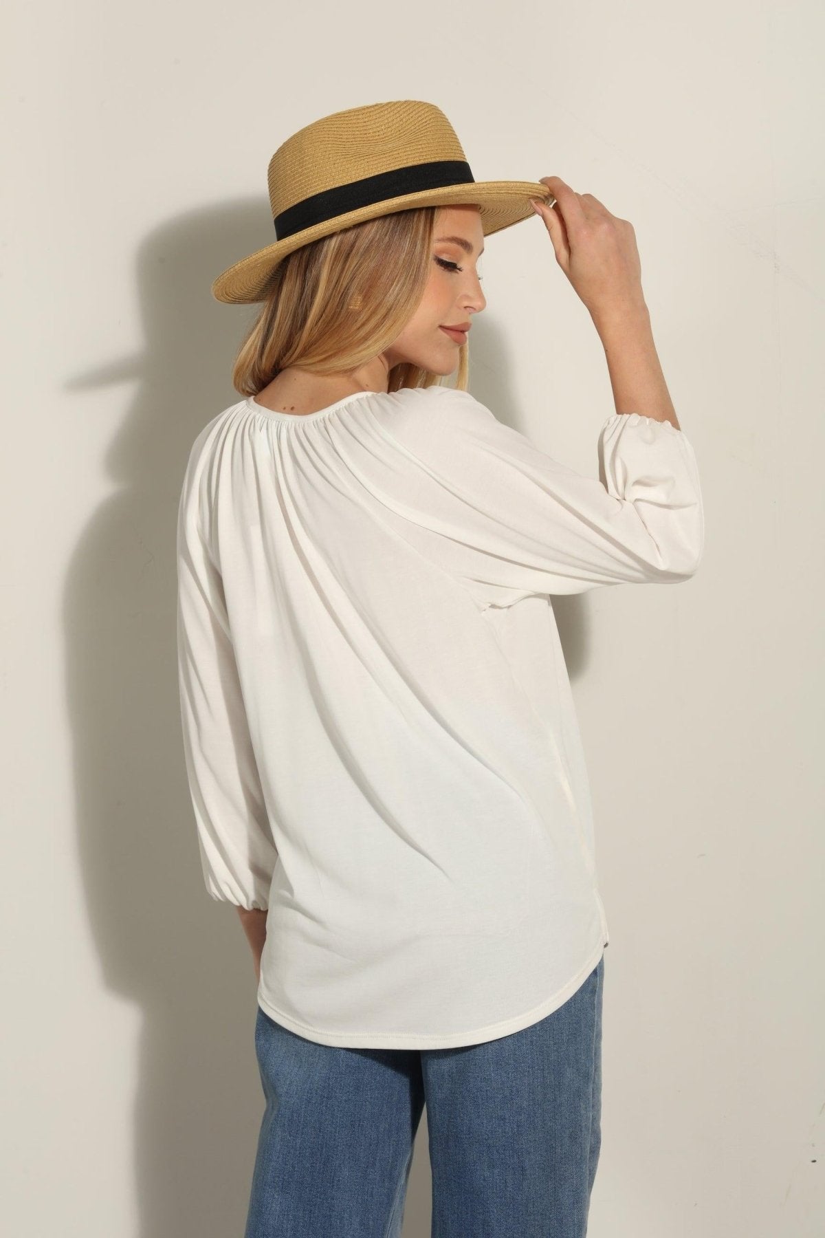 Ivory Cupro Stretch Split Neck Top