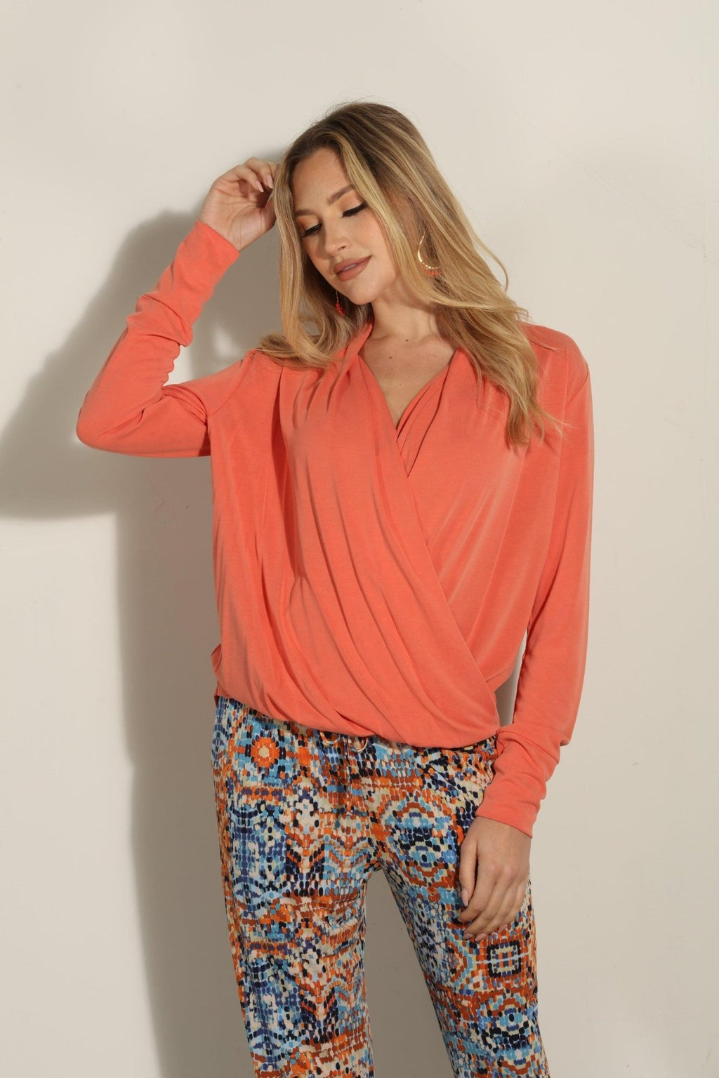 Tangerine Cupro Draped Surplice Top-FINAL SALE