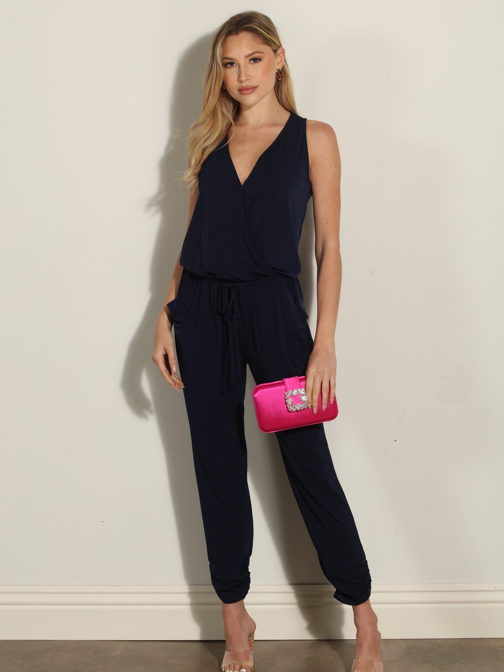 Navy Shirred Ankle Stretch Jumpsuit-BEST SELLER