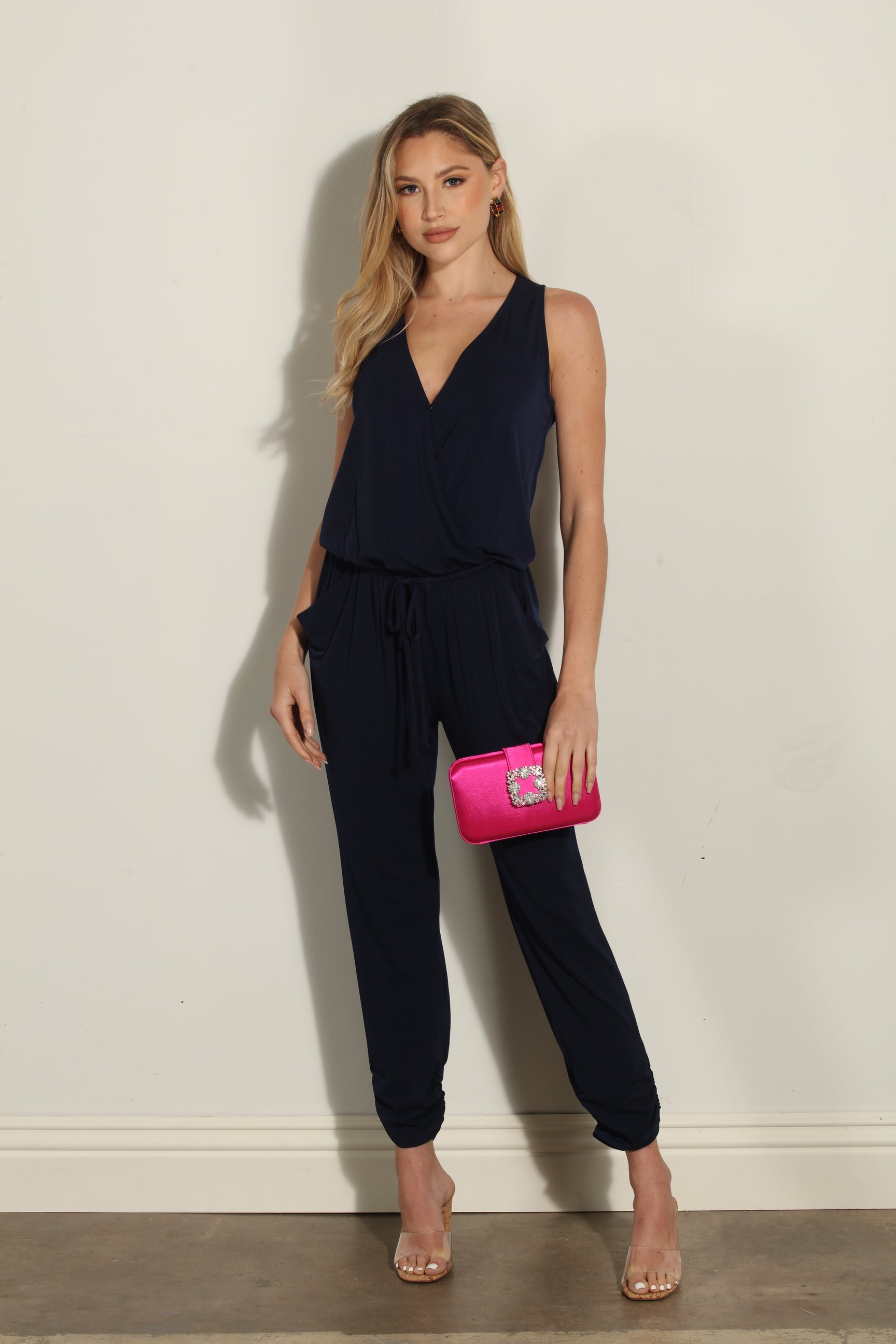 Navy Shirred Ankle Stretch Jumpsuit