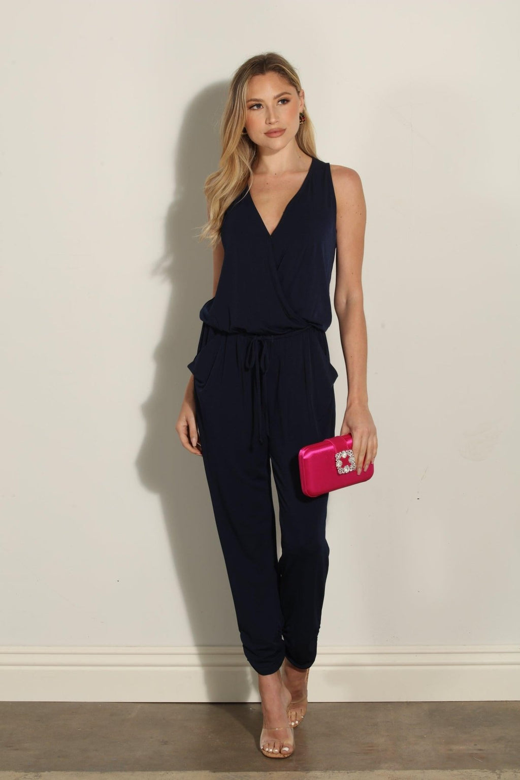 Navy Shirred Ankle Stretch Jumpsuit-BEST SELLER