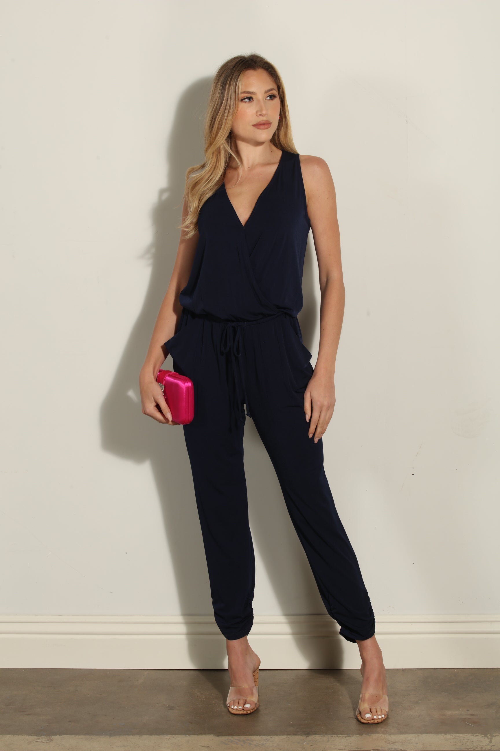 Navy Shirred Ankle Stretch Jumpsuit