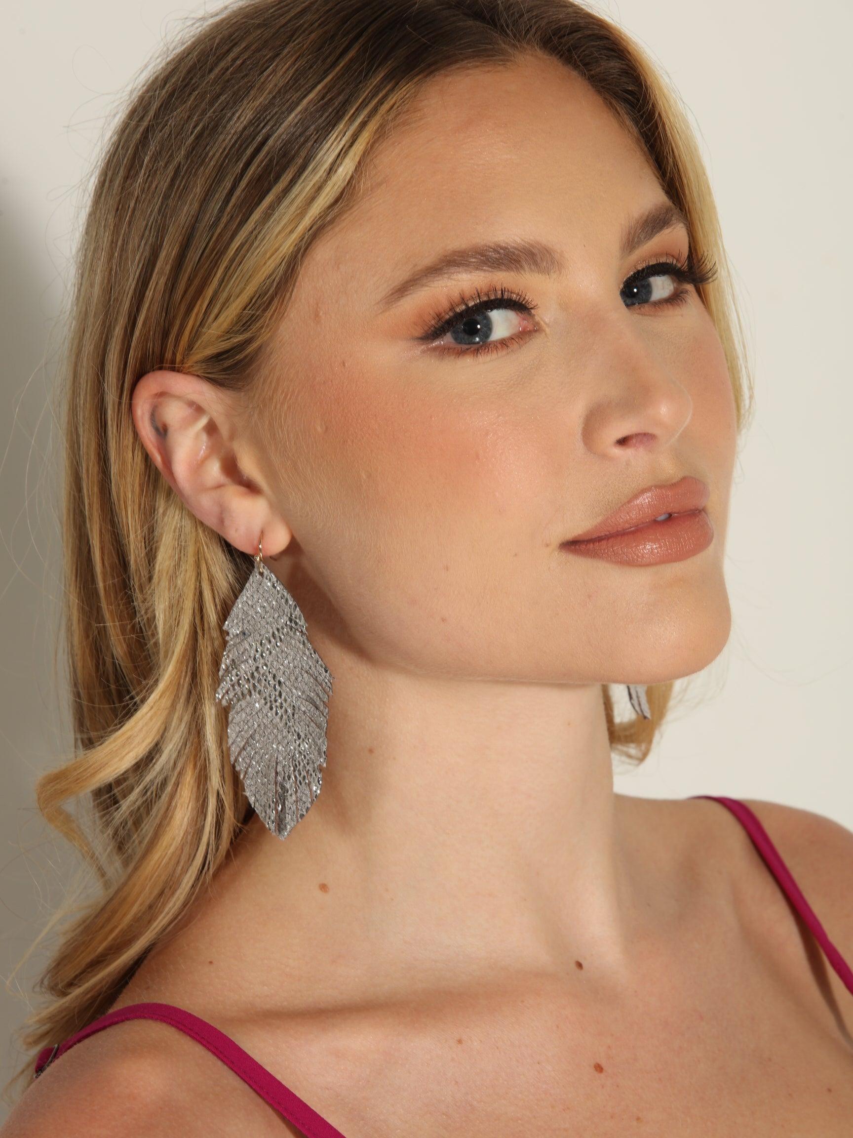 Metallic Silver Feather Earrings-FINAL SALE