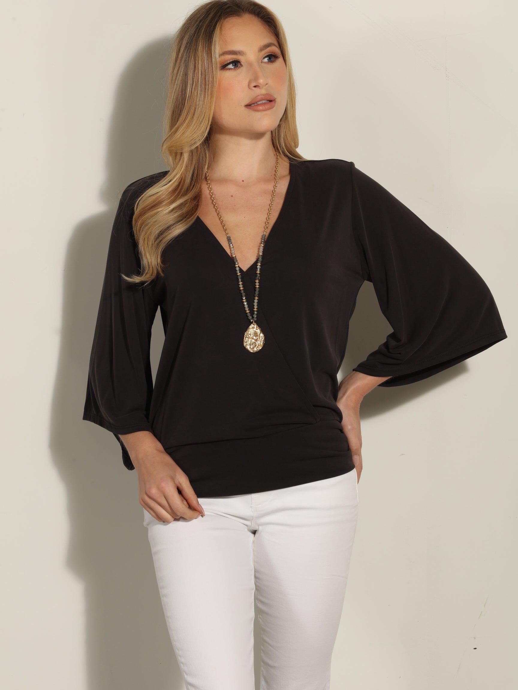 Black Cupro Stretch Banded Kimono Top