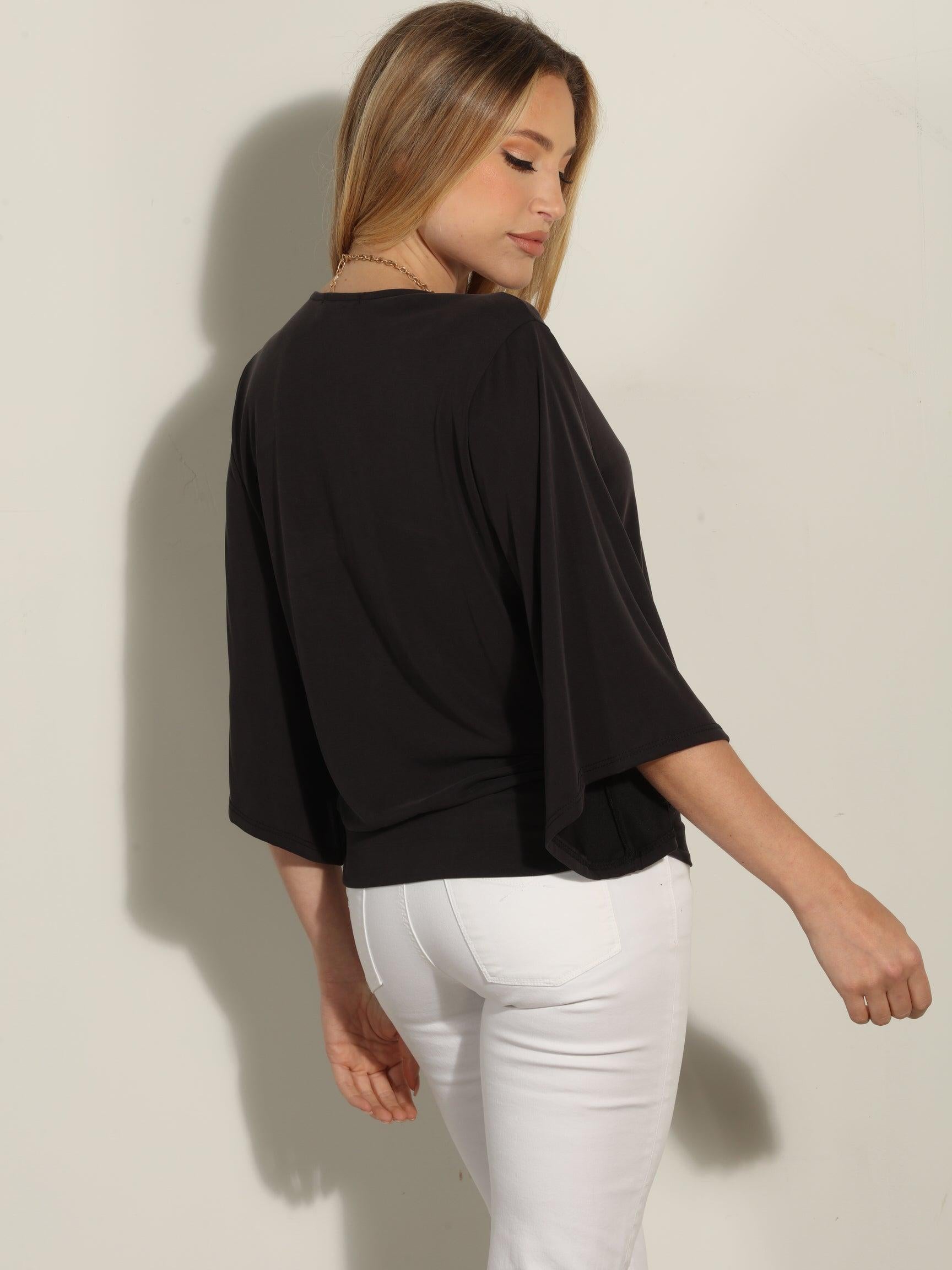 Black Cupro Stretch Banded Kimono Top