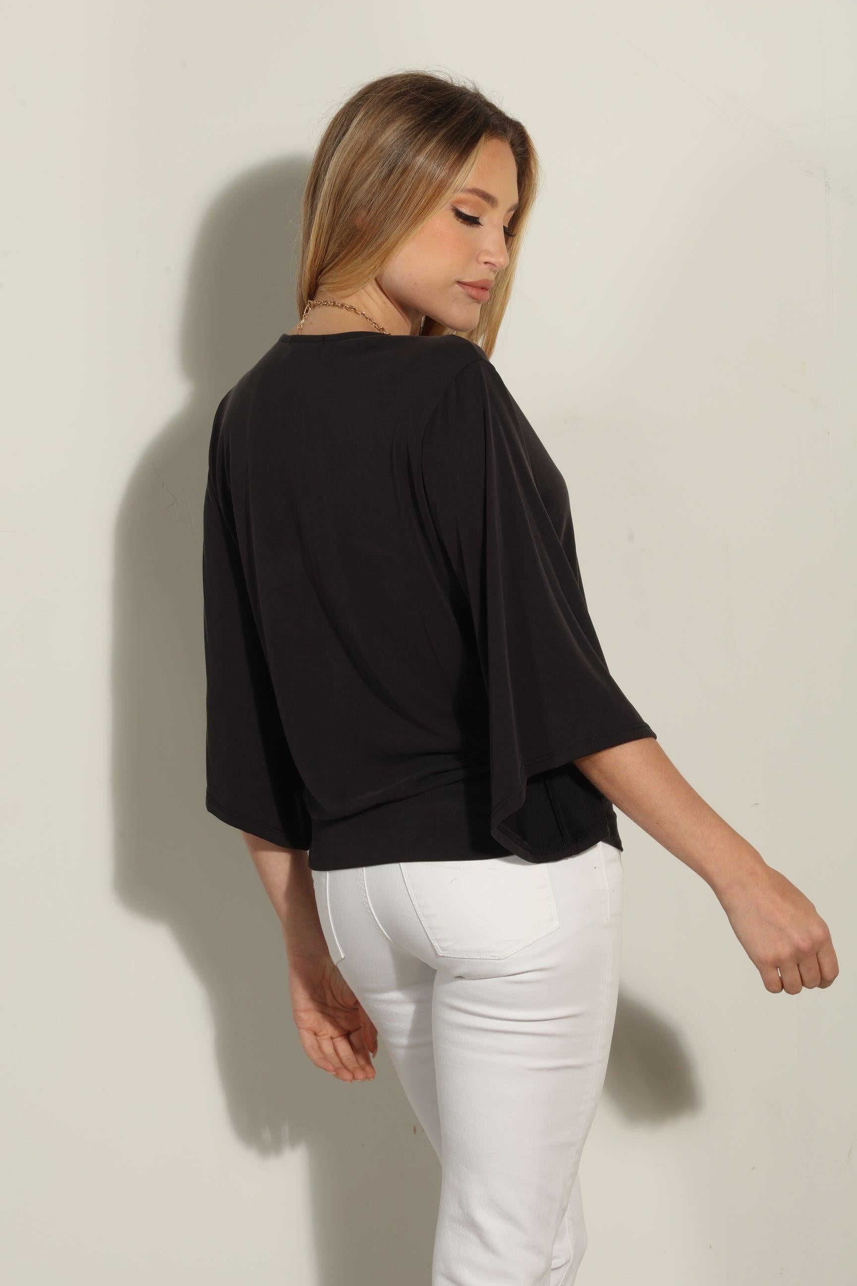 Black Cupro Stretch Banded Kimono Top