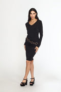 Black V-Neck Shirred Stretch Dress-FINAL SALE