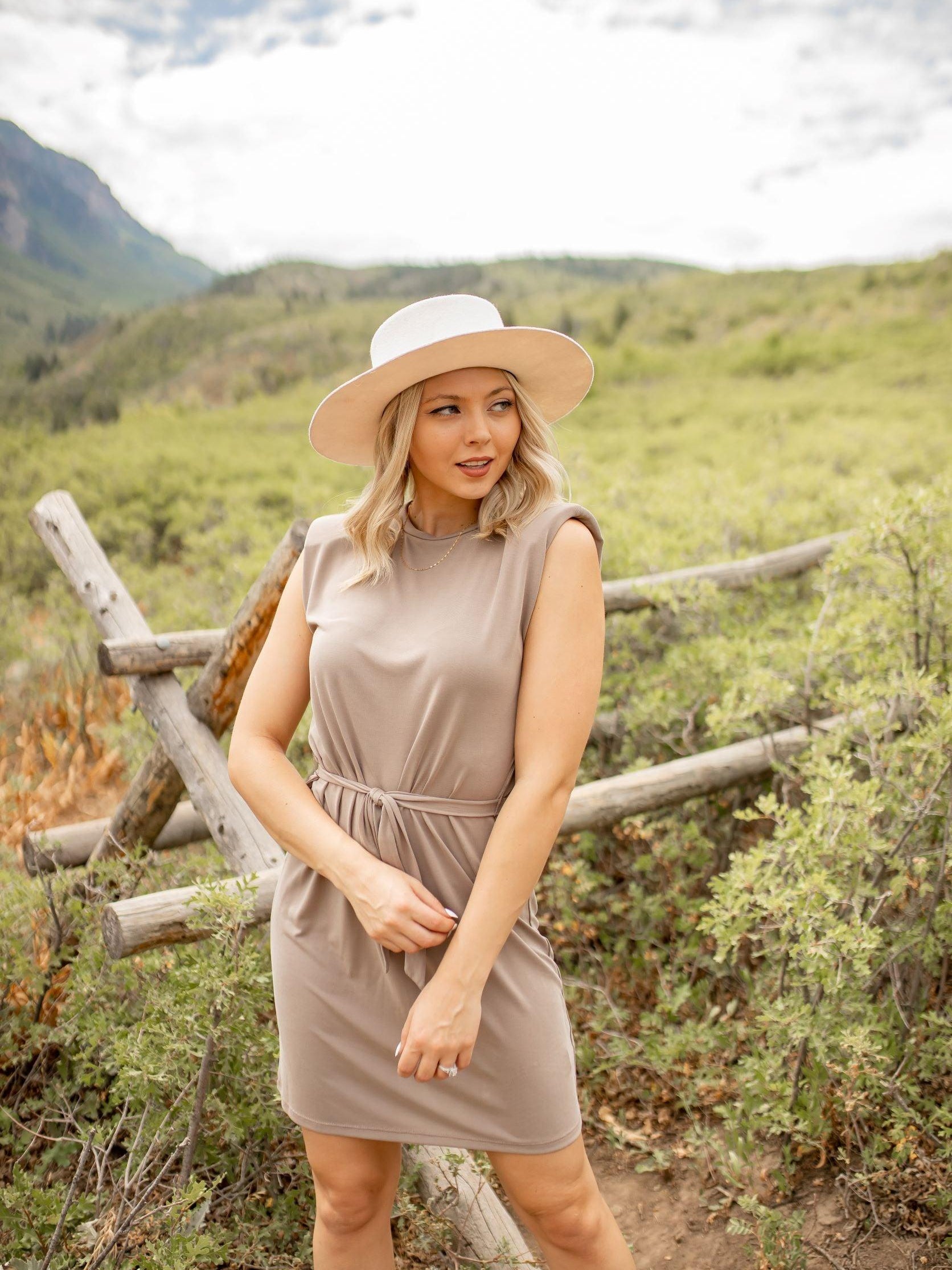 Tan Cupro Stretch Dress with Shoulder Pads-FINAL SALE