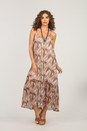sleeveless multicolored maxi dress on woman