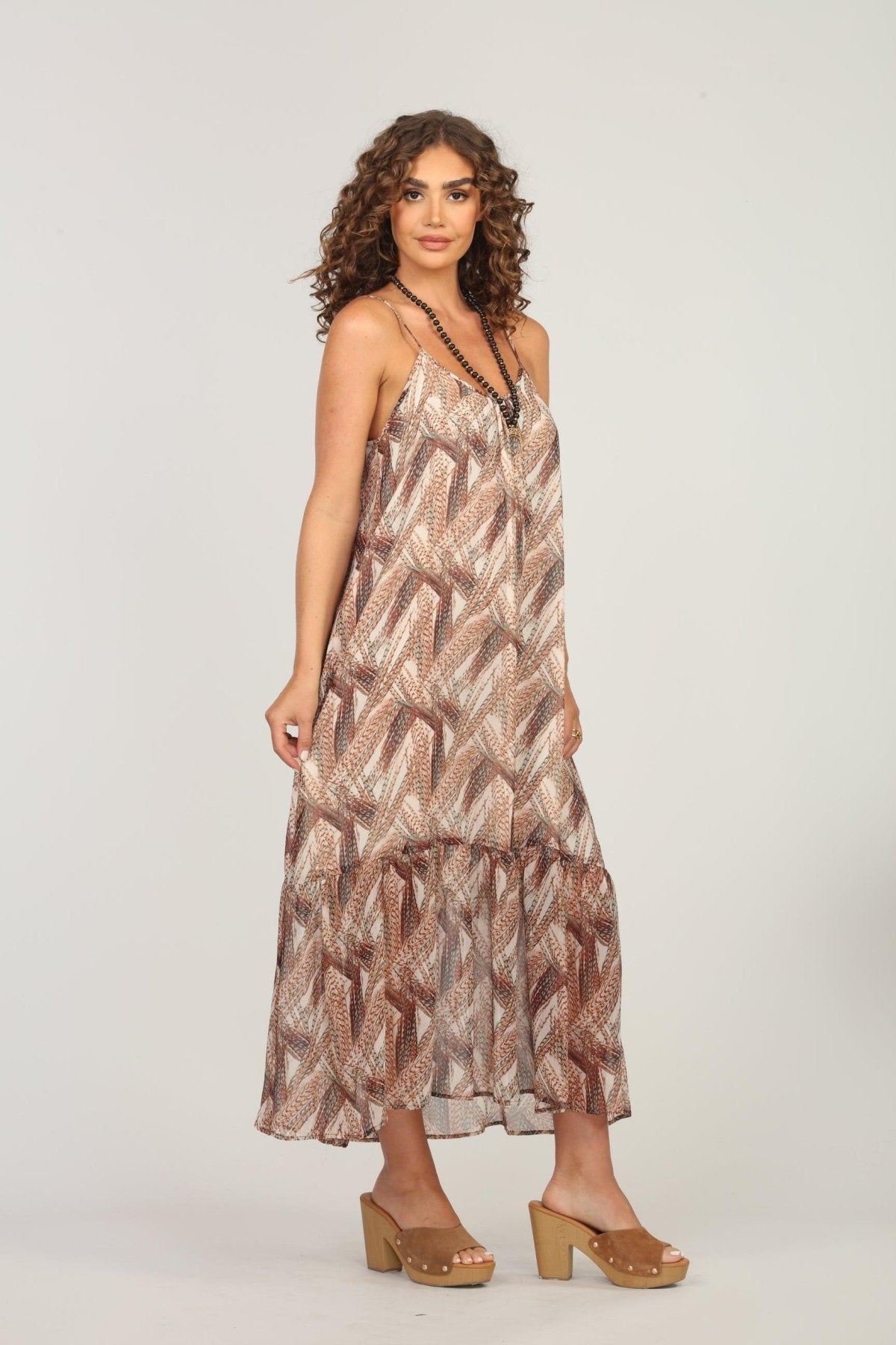 sleeveless multicolored maxi dress on woman