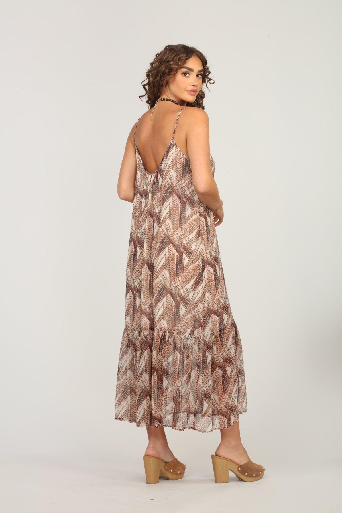 back side of sleeveless multicolored maxi dress on woman
