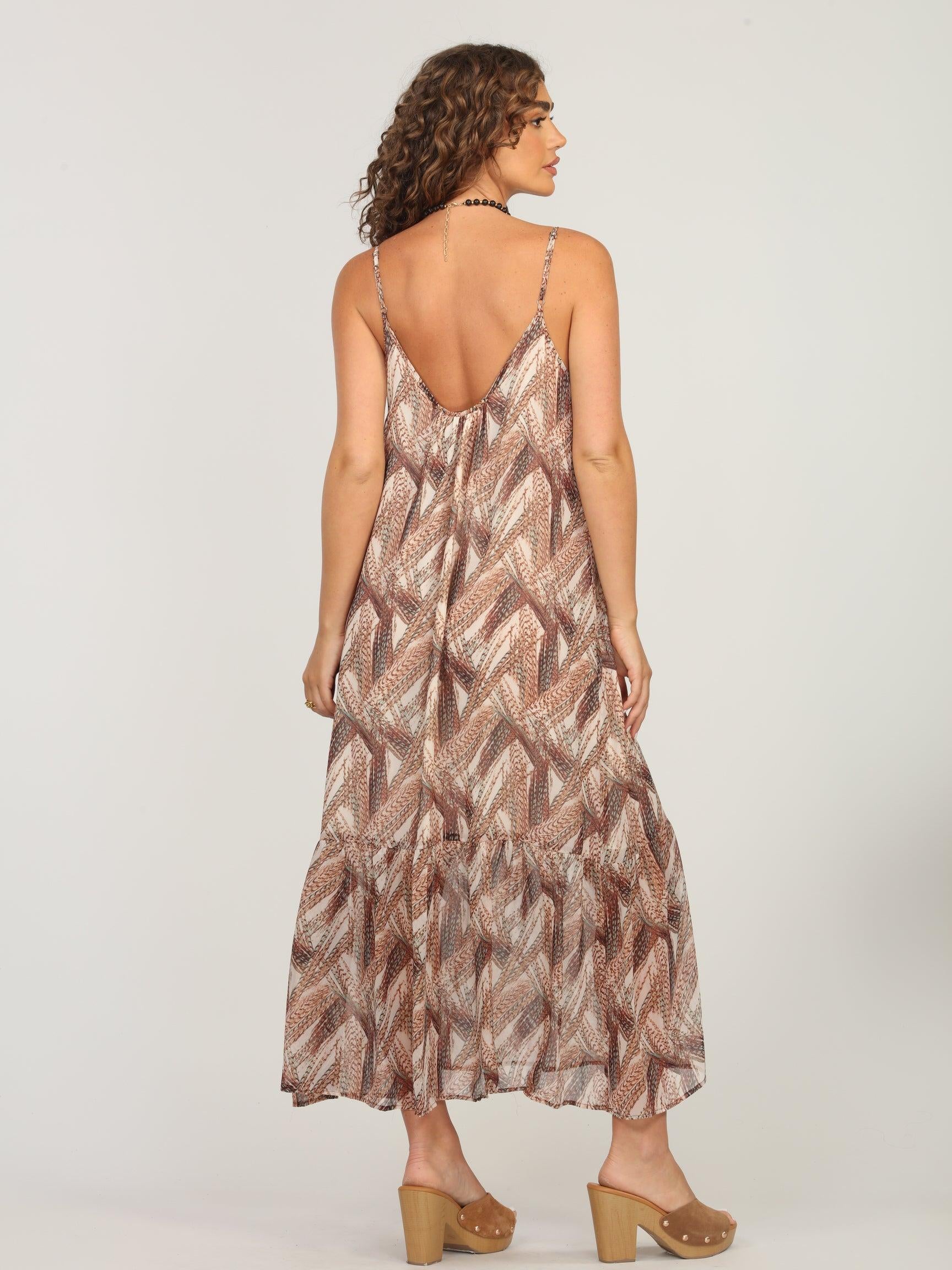back side of sleeveless multicolored maxi dress on woman