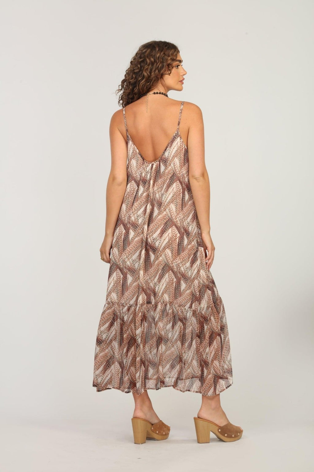 back side of sleeveless multicolored maxi dress on woman