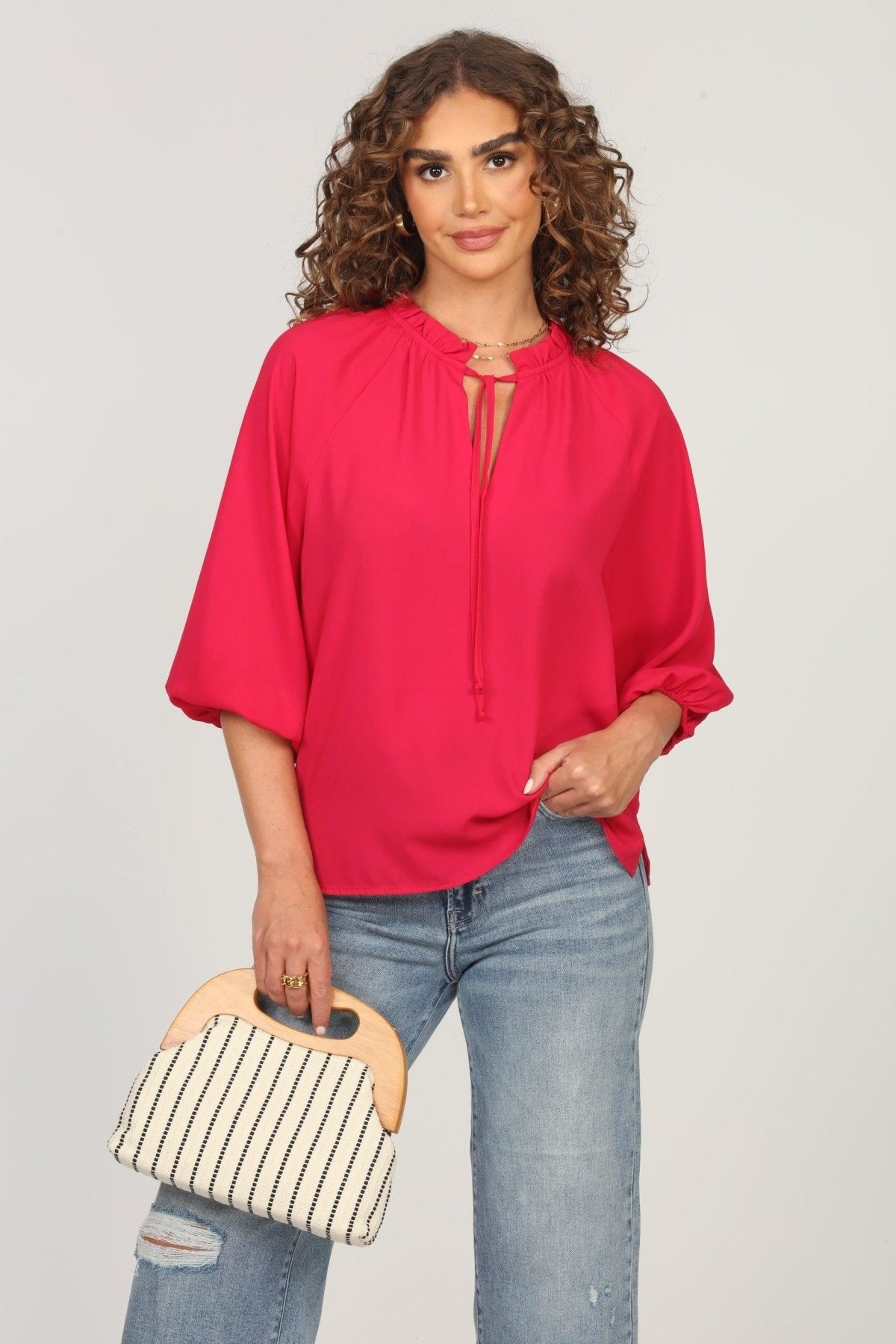 Strawberry Split-Neck Blouse-FINAL SALE