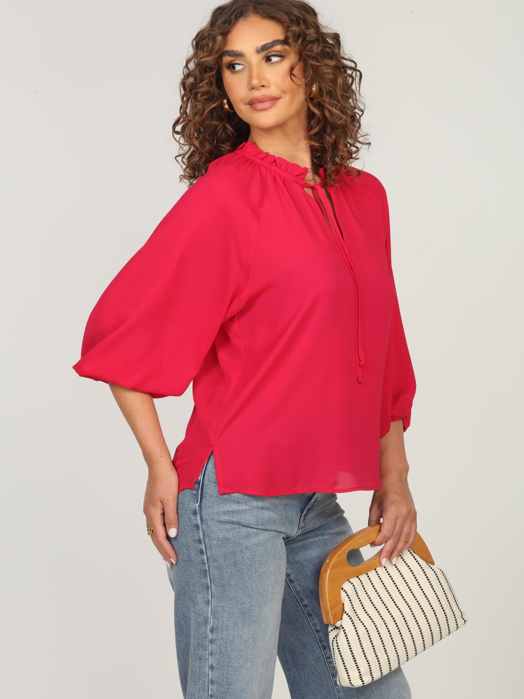 Strawberry Split-Neck Blouse-FINAL SALE