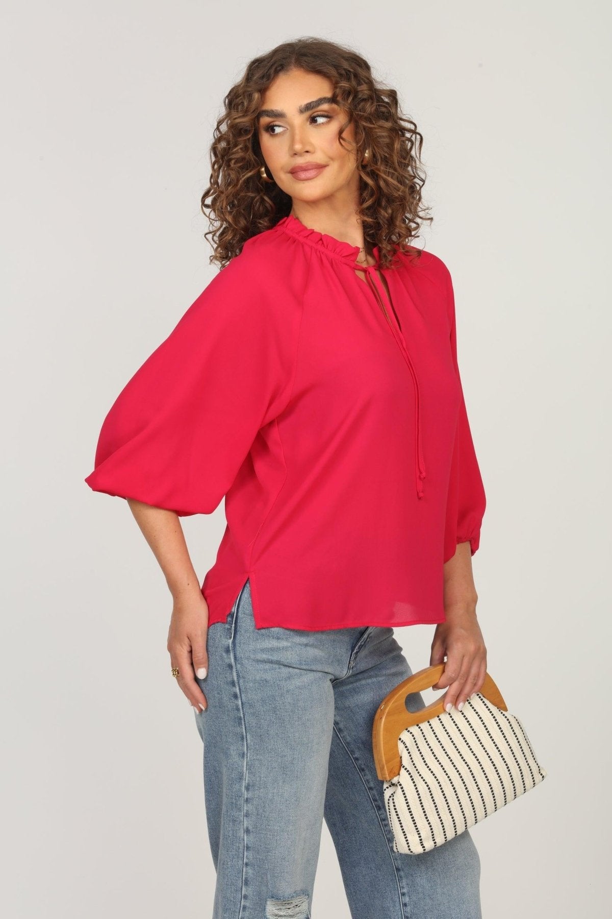 Strawberry Split-Neck Blouse-FINAL SALE