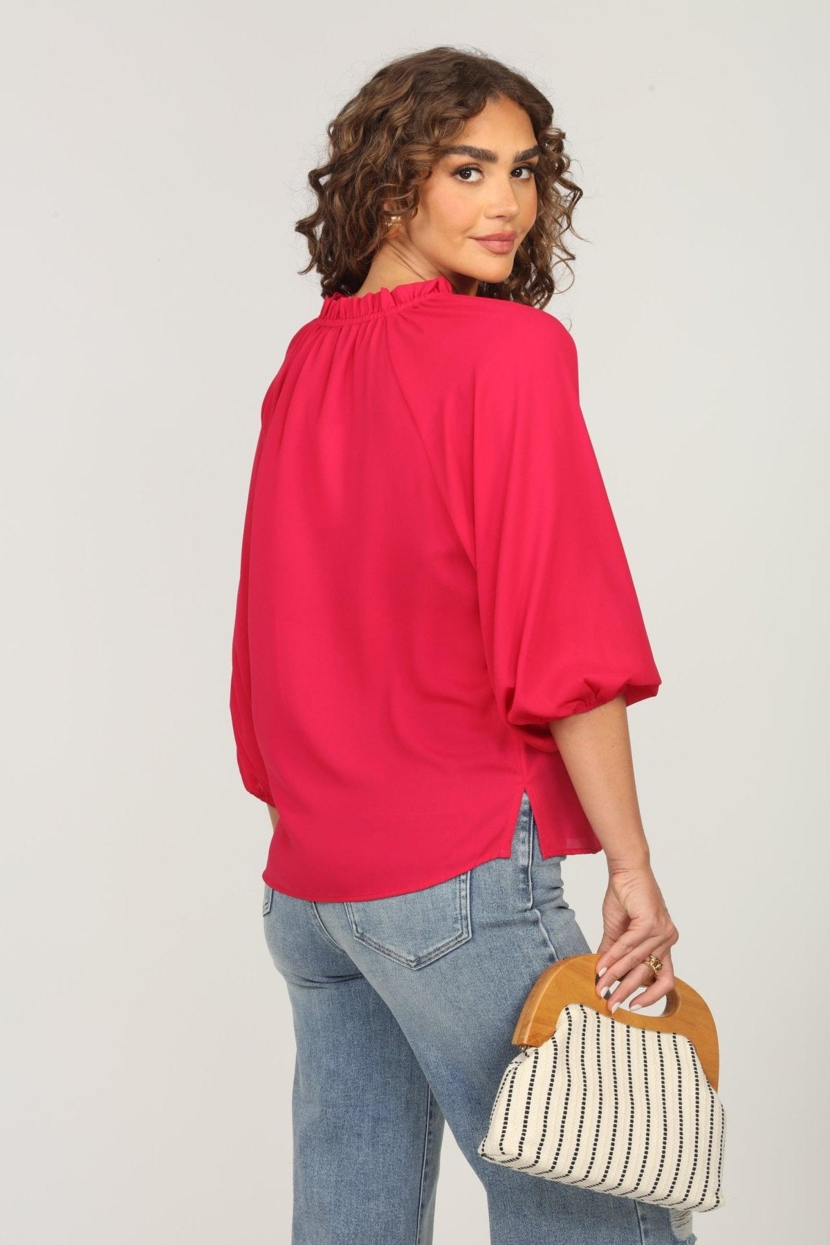 Strawberry Split-Neck Blouse-FINAL SALE