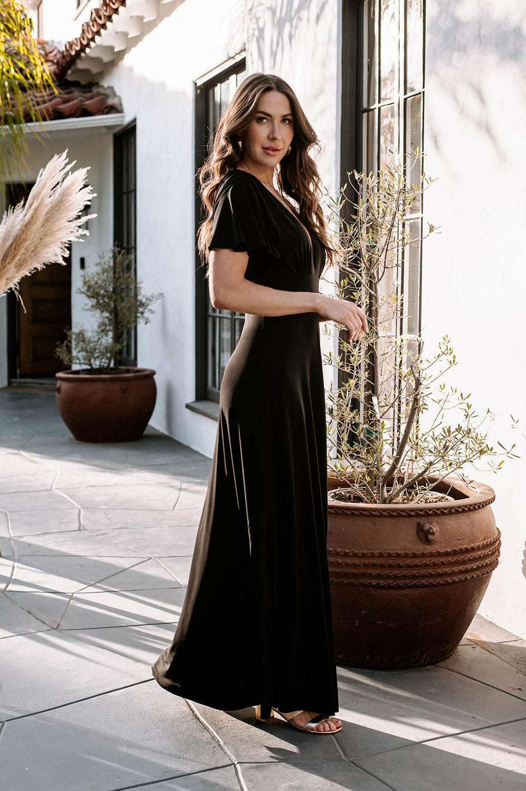 Black Stretch Deep V Flutter Sleeve Maxi Dress - BEST SELLER