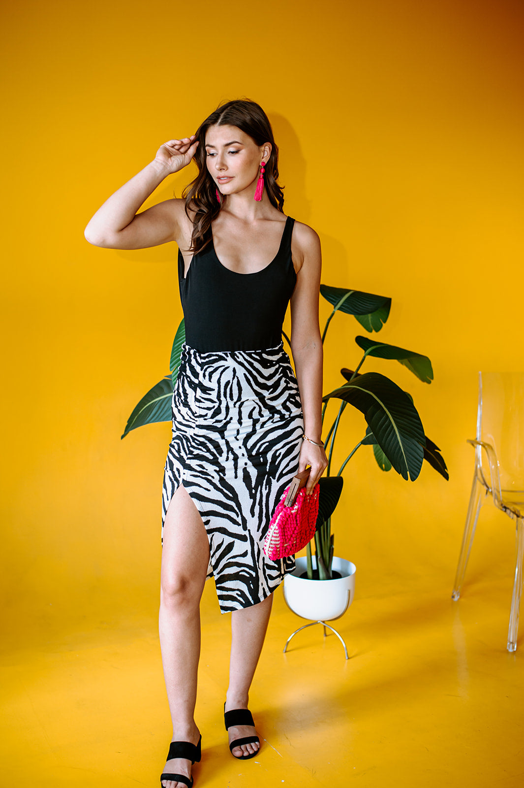 Zebra Print Shirred Front-Slit Skirt - FINAL SALE