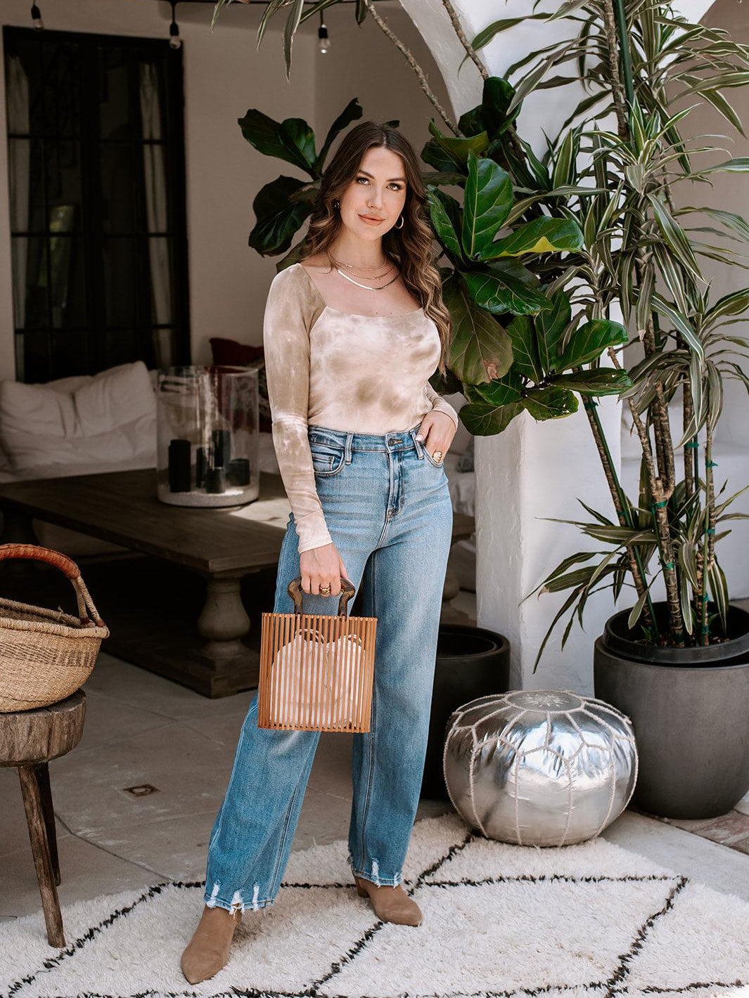 Sand Tie Dye Long Sleeve Square-Neck Top-FINAL SALE