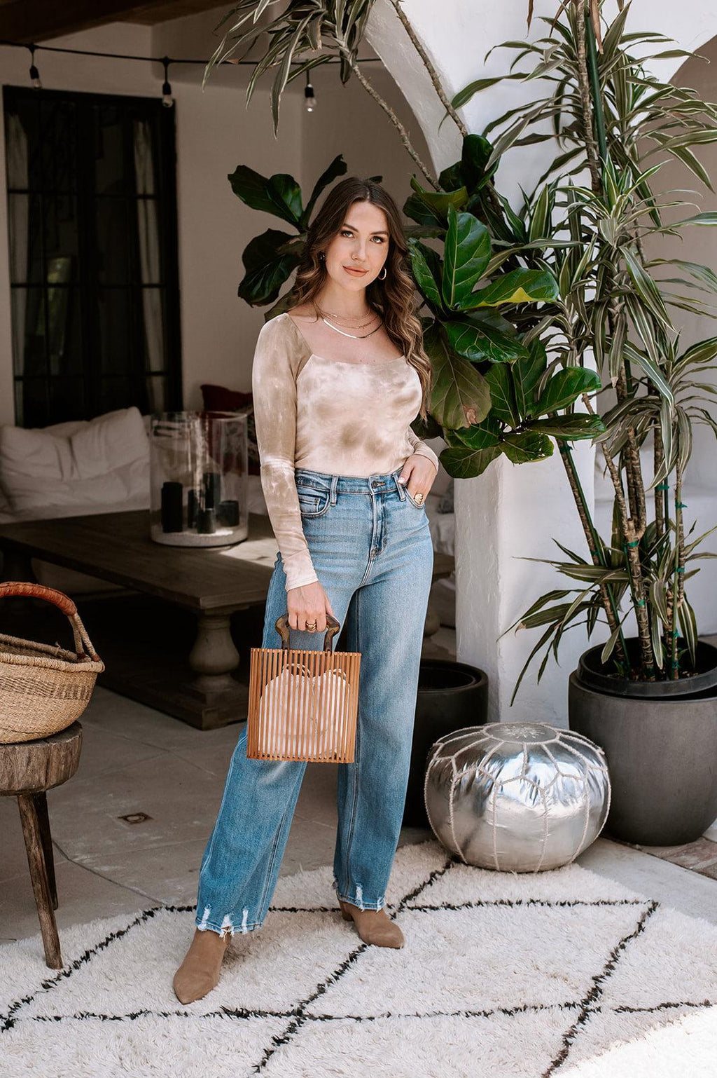 Sand Tie Dye Long Sleeve Square-Neck Top-FINAL SALE