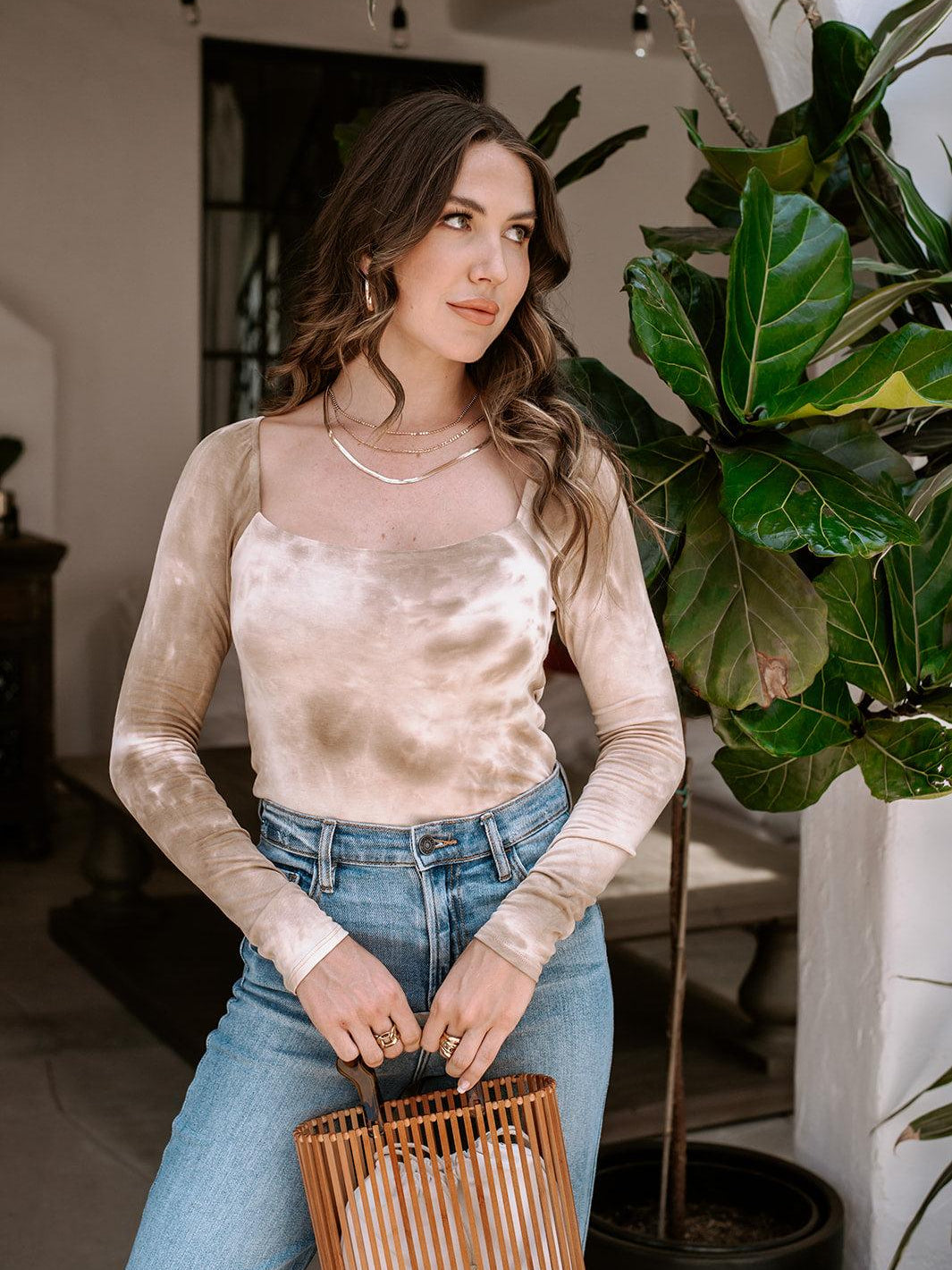 Sand Tie Dye Long Sleeve Square-Neck Top-FINAL SALE