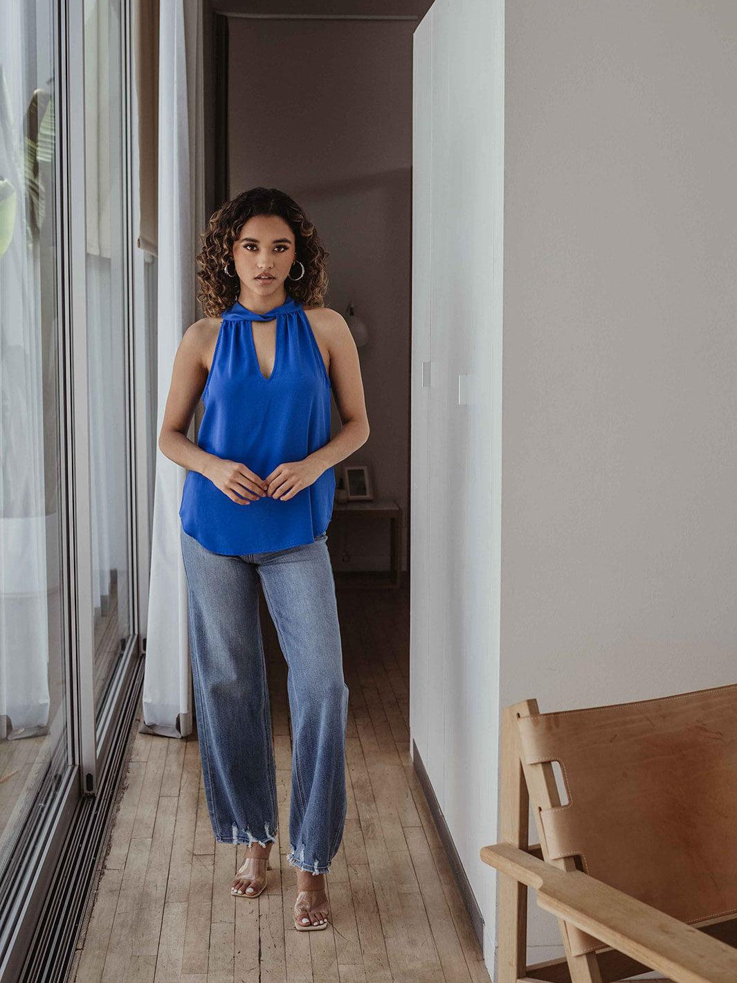 Pop Blue Twist Halter Sleeveless Blouse-FINAL SALE