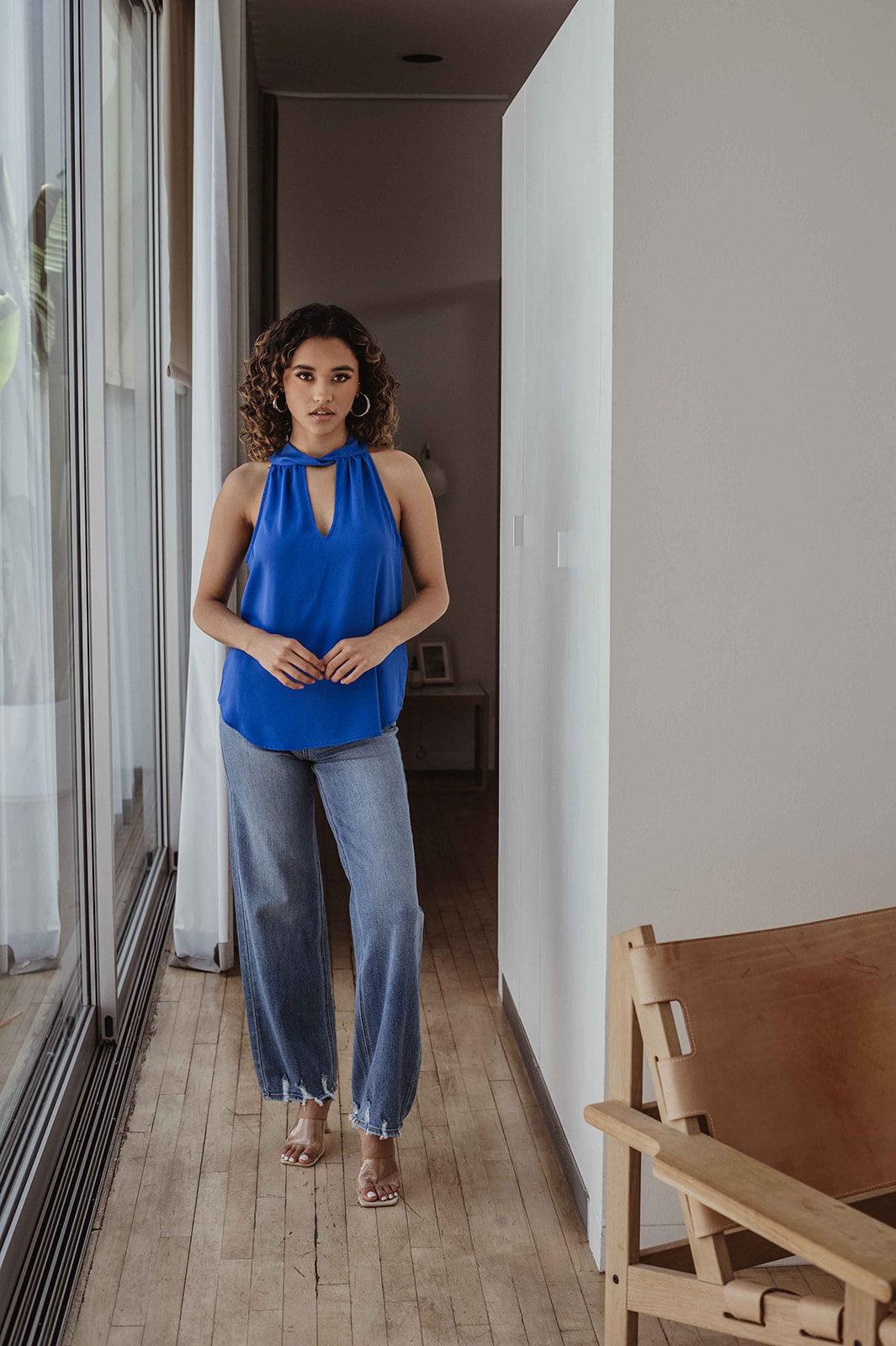 Pop Blue Twist Halter Sleeveless Blouse-FINAL SALE