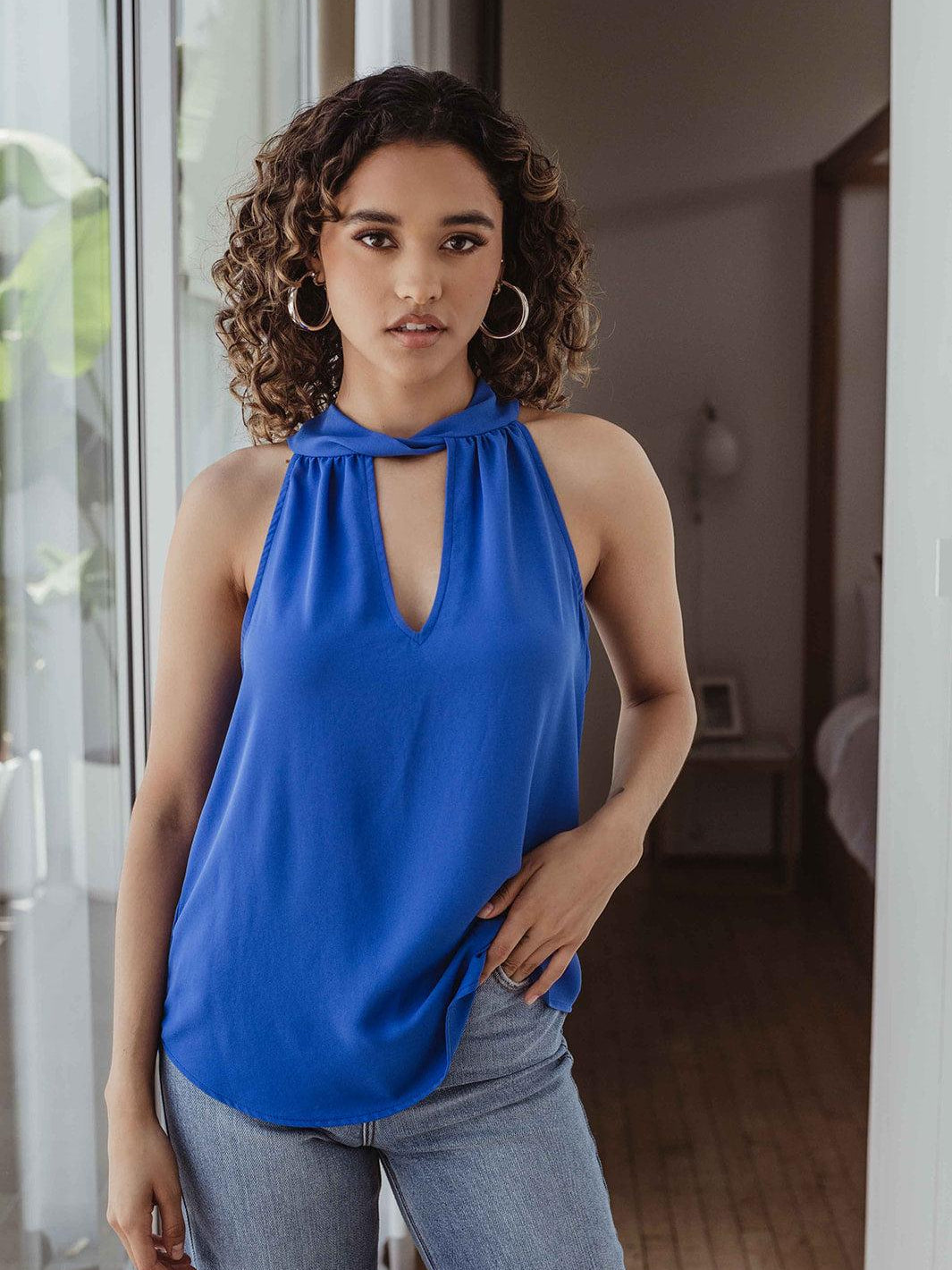 Pop Blue Twist Halter Sleeveless Blouse-FINAL SALE