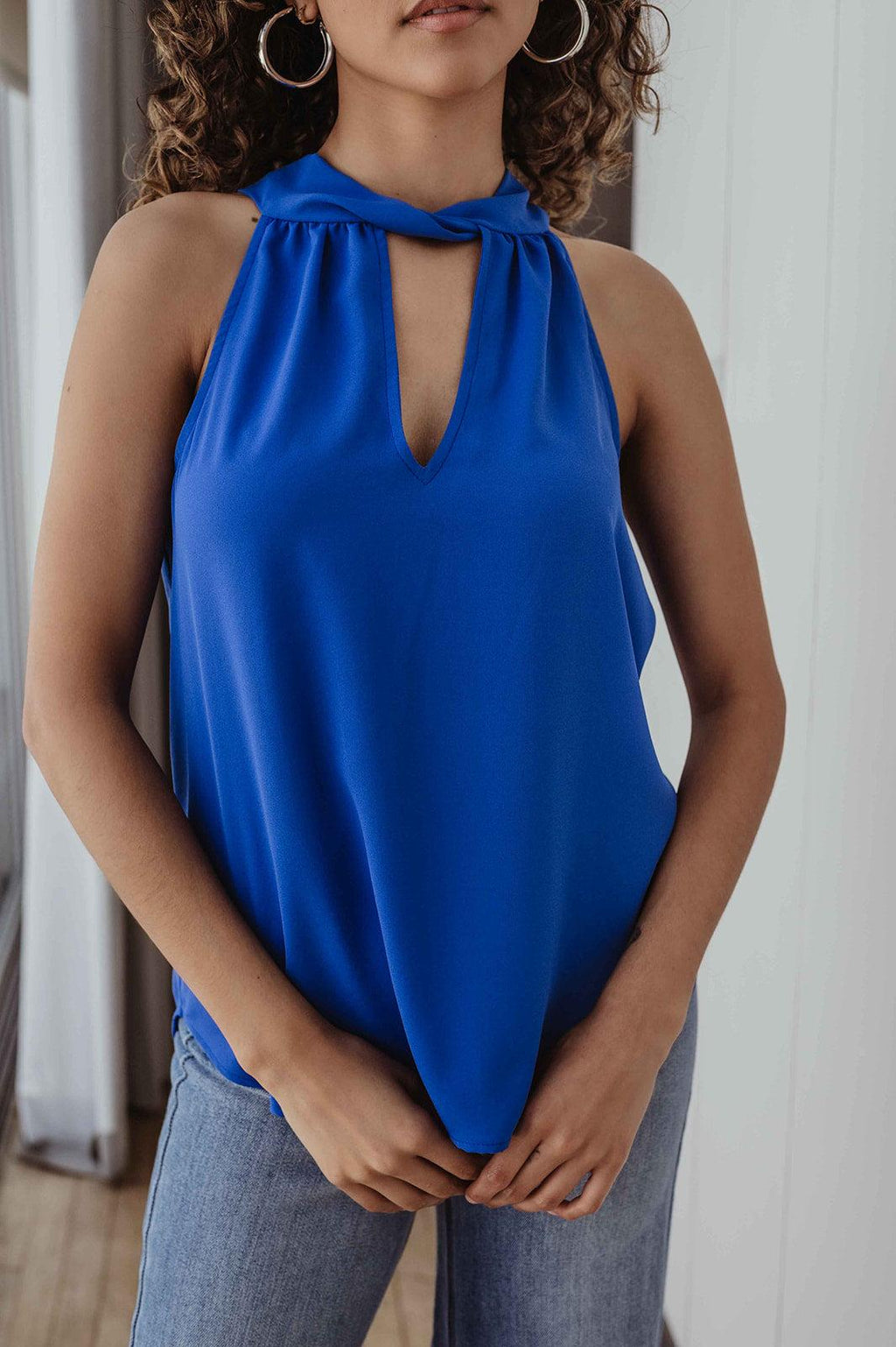 Pop Blue Twist Halter Sleeveless Blouse-FINAL SALE