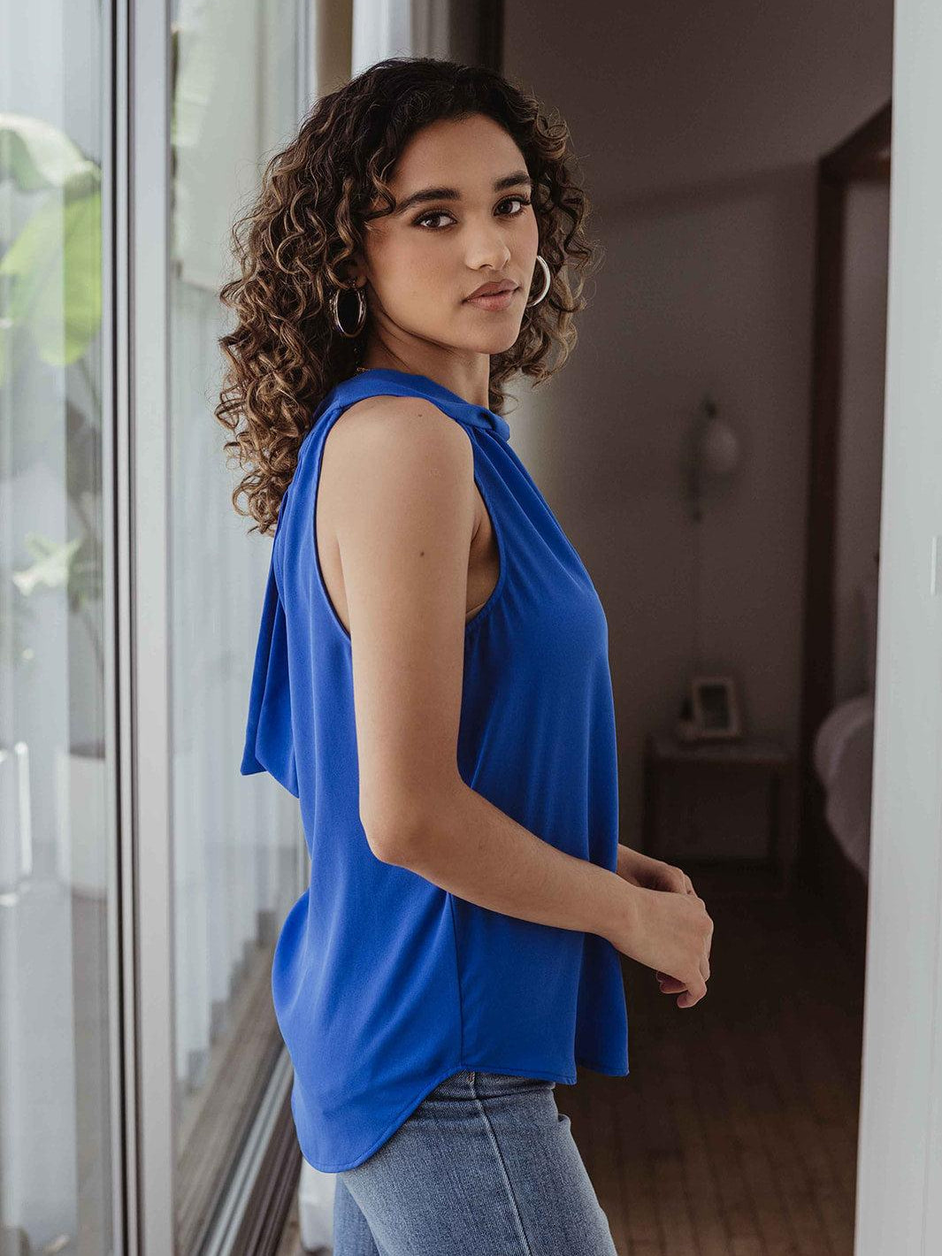 Pop Blue Twist Halter Sleeveless Blouse-FINAL SALE