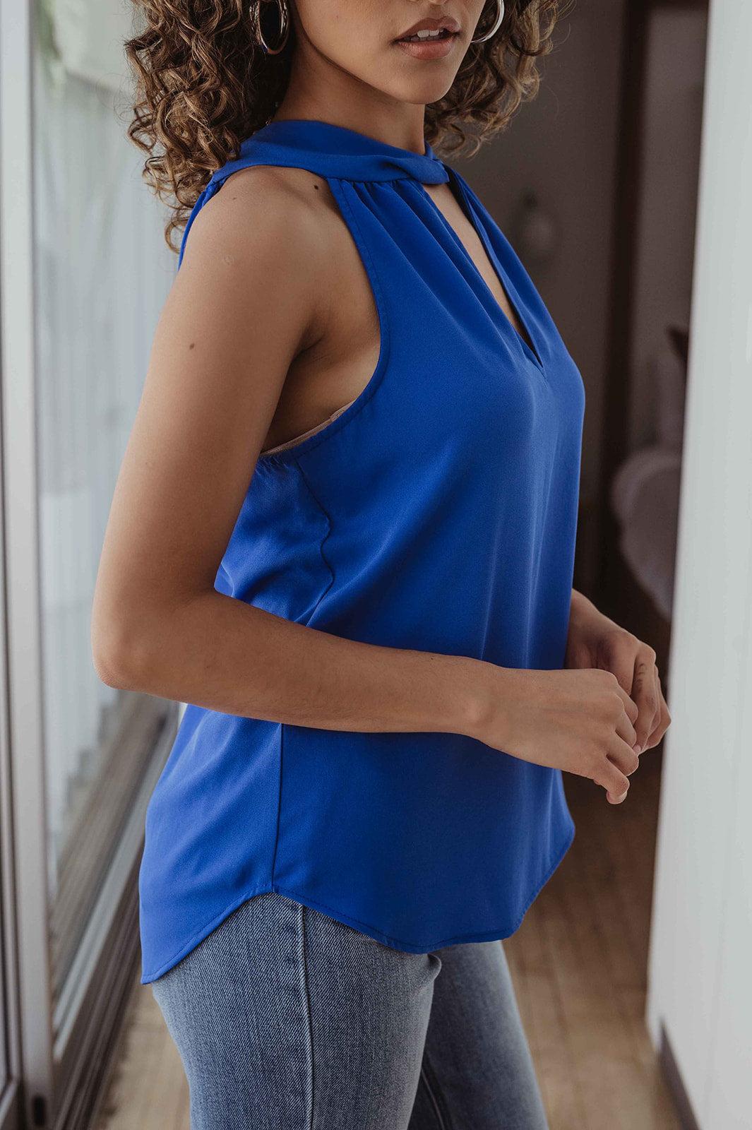 Pop Blue Twist Halter Sleeveless Blouse-FINAL SALE