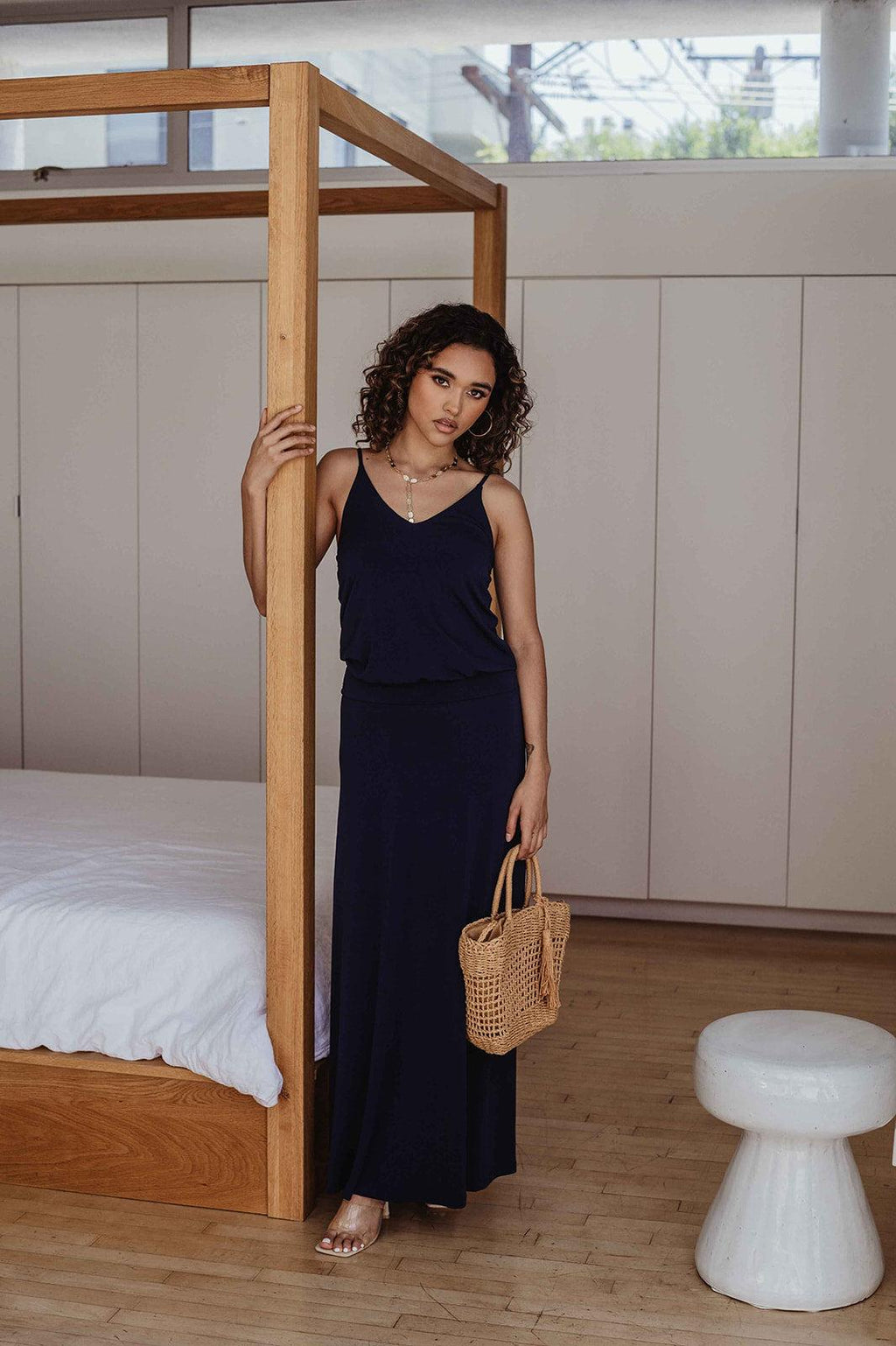 Navy Stretch Drop Waist Maxi Dress-BEST SELLER