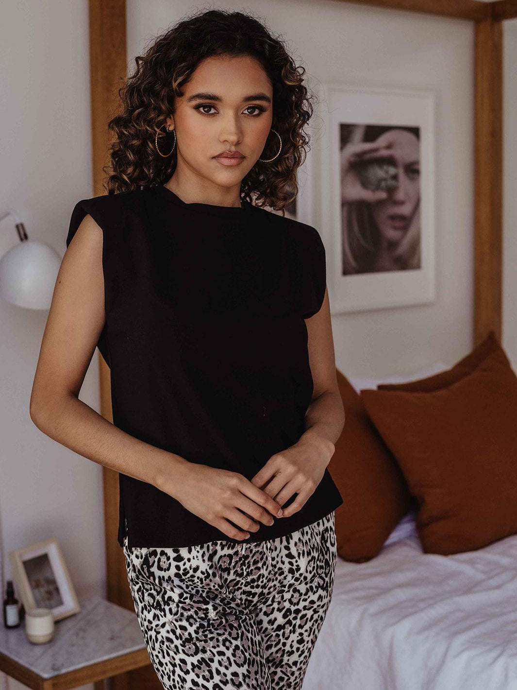 Black Cotton Tshirt with Shoulder Pads-FINAL SALE