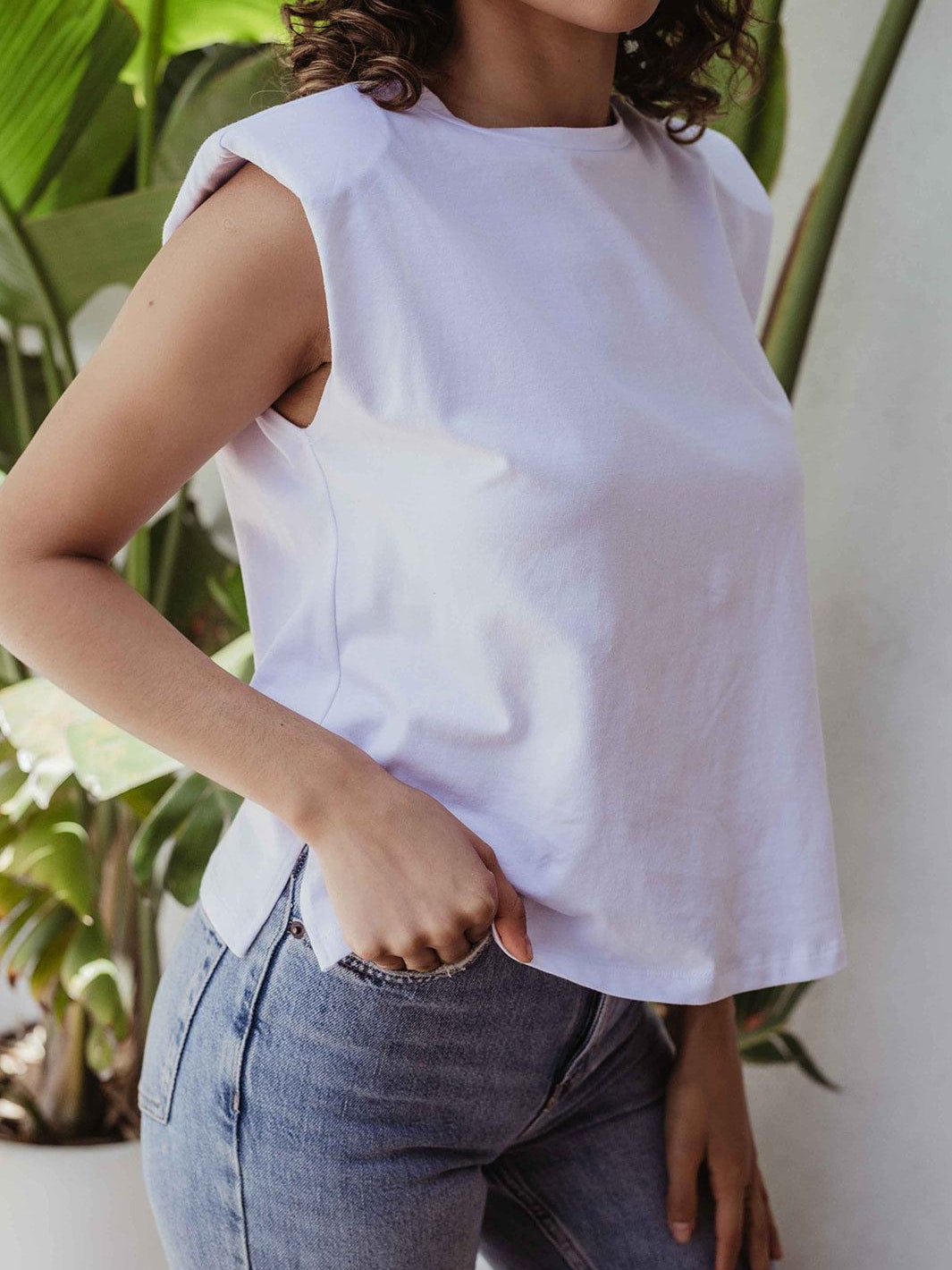 White Cotton Tshirt with Shoulder Pads - FINAL SALE