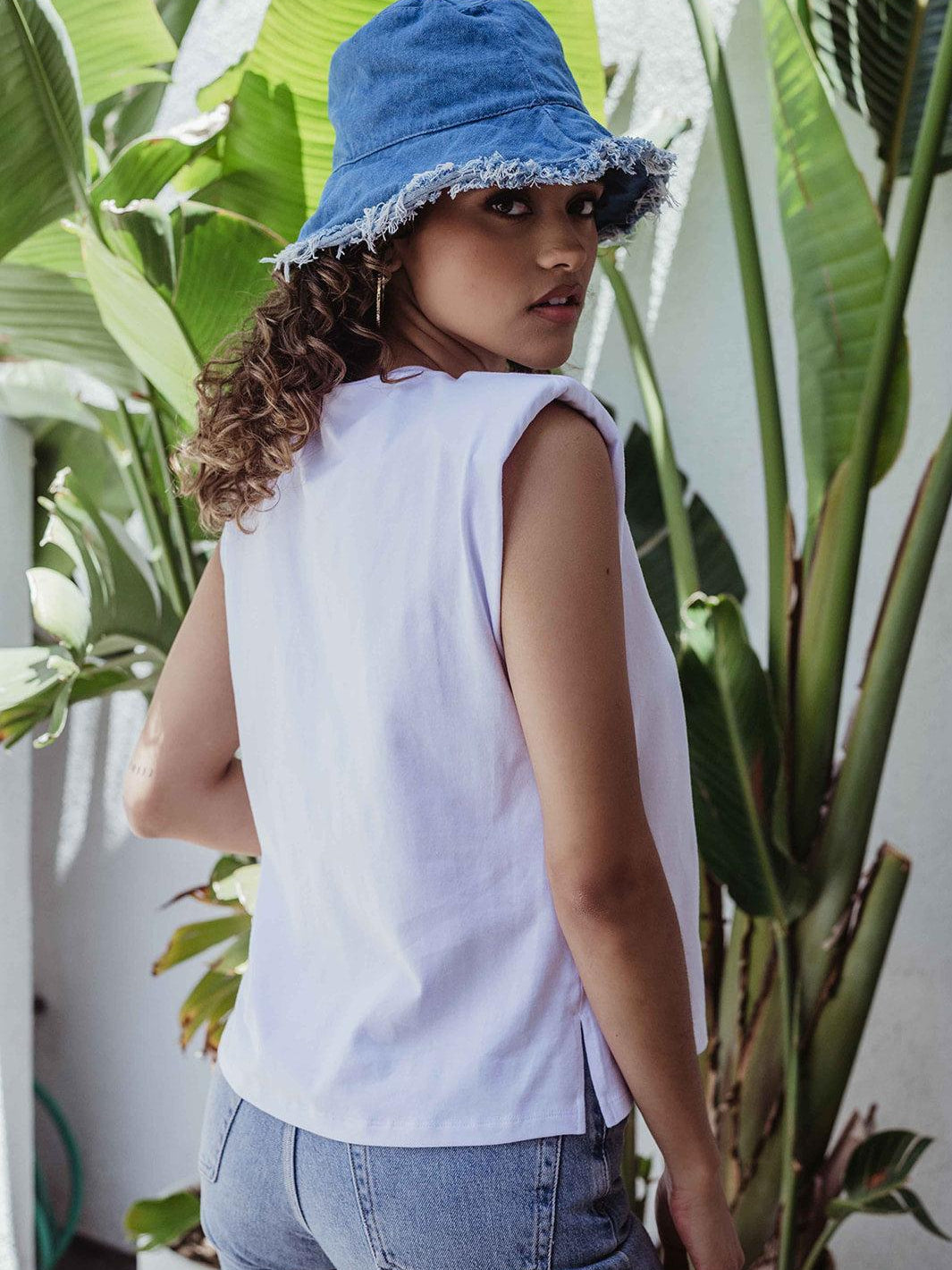 White Cotton Tshirt with Shoulder Pads - FINAL SALE
