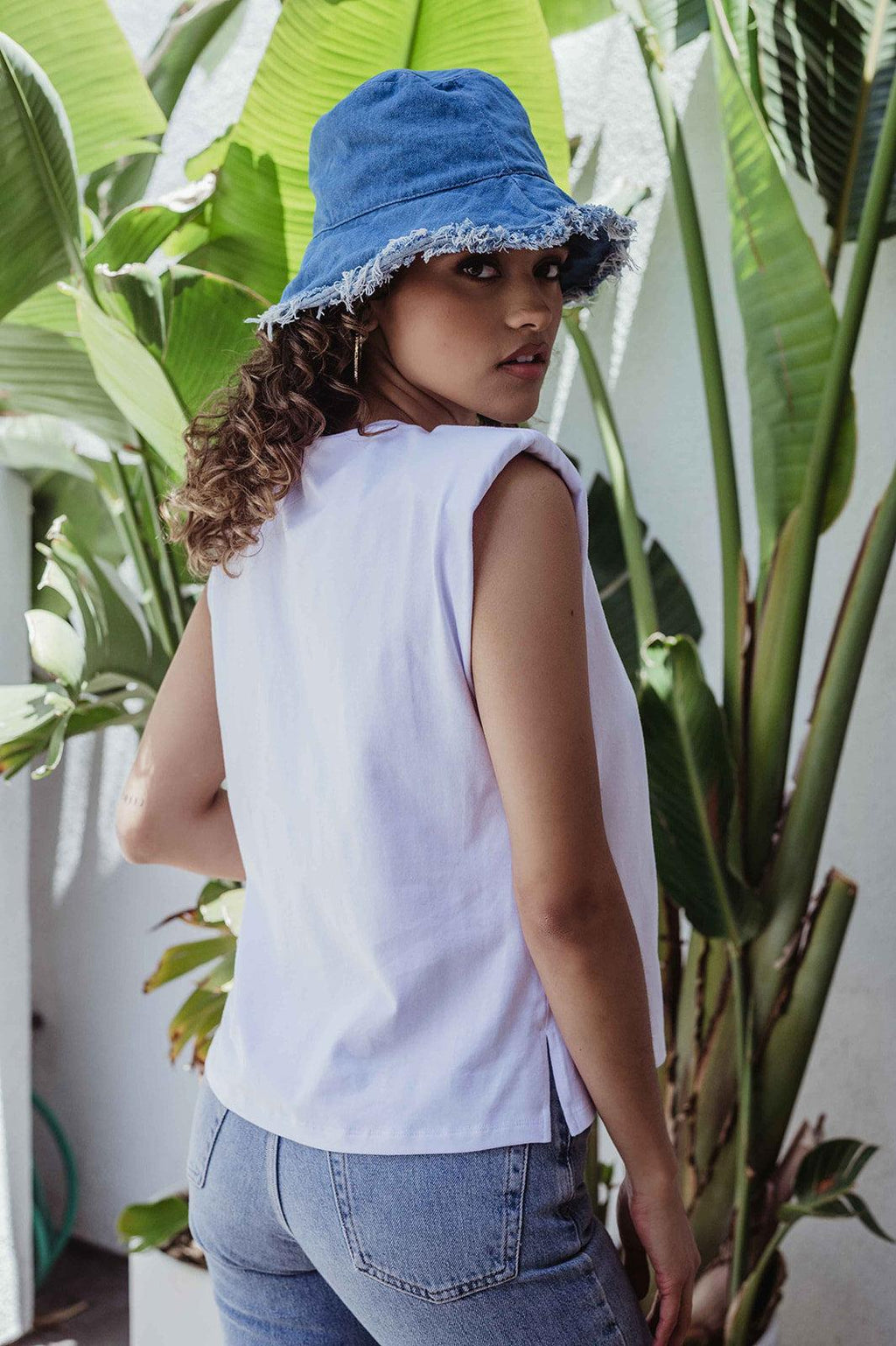 White Cotton Tshirt with Shoulder Pads - FINAL SALE