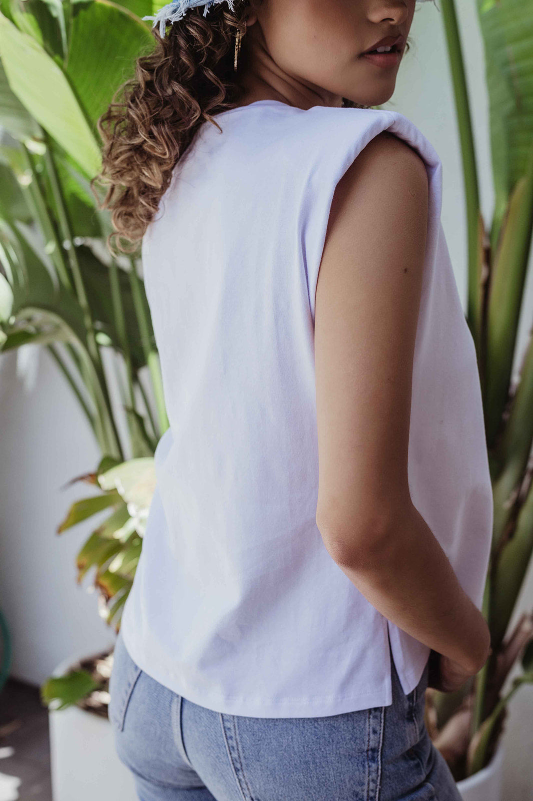 White Cotton Tshirt with Shoulder Pads - FINAL SALE
