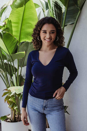 Navy Blue Lined V-Neck Top-FINAL SALE