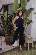 Navy Stretch Ring Halter Jumpsuit